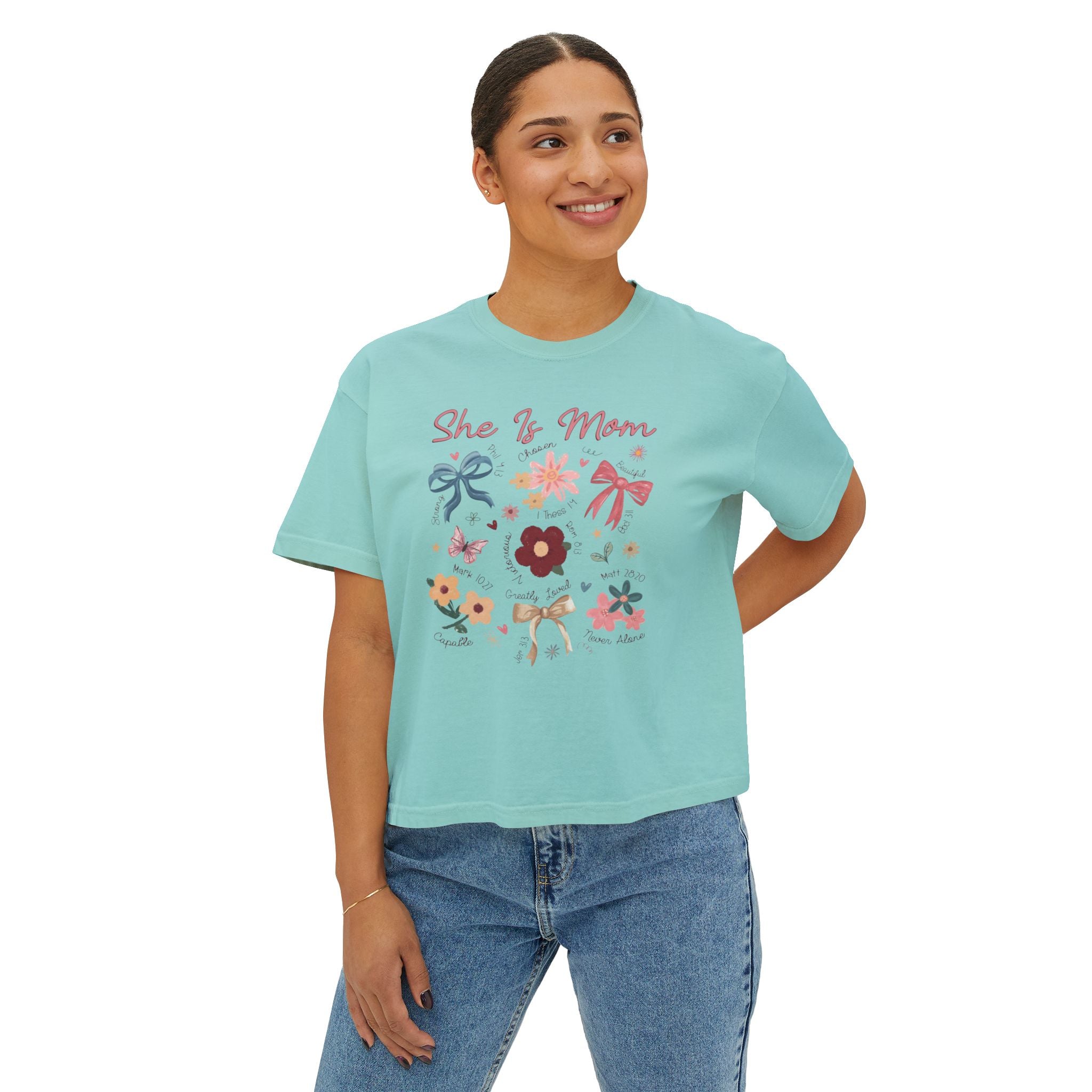 She Is Mom Floral Boxy Tee  Cute Mother’s Day Floral Graphic Shirt