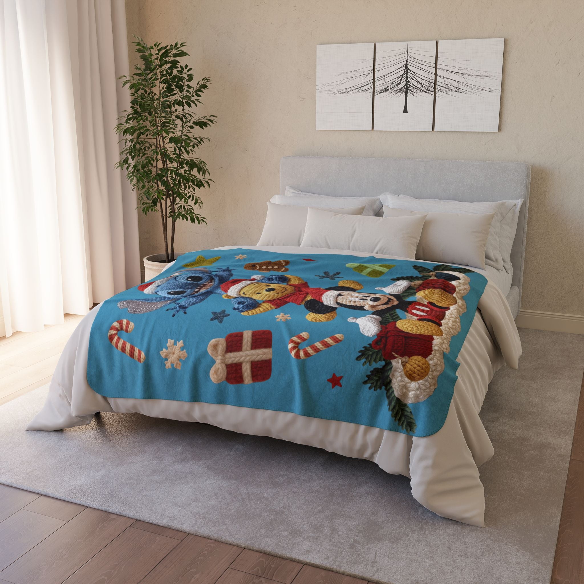 Winter Wonderland Cartoon Fleece Blanket Disney Holiday Plush Stack Fleece Sherpa Blanket  Mickey, Winnie & Stitch Christmas Throw