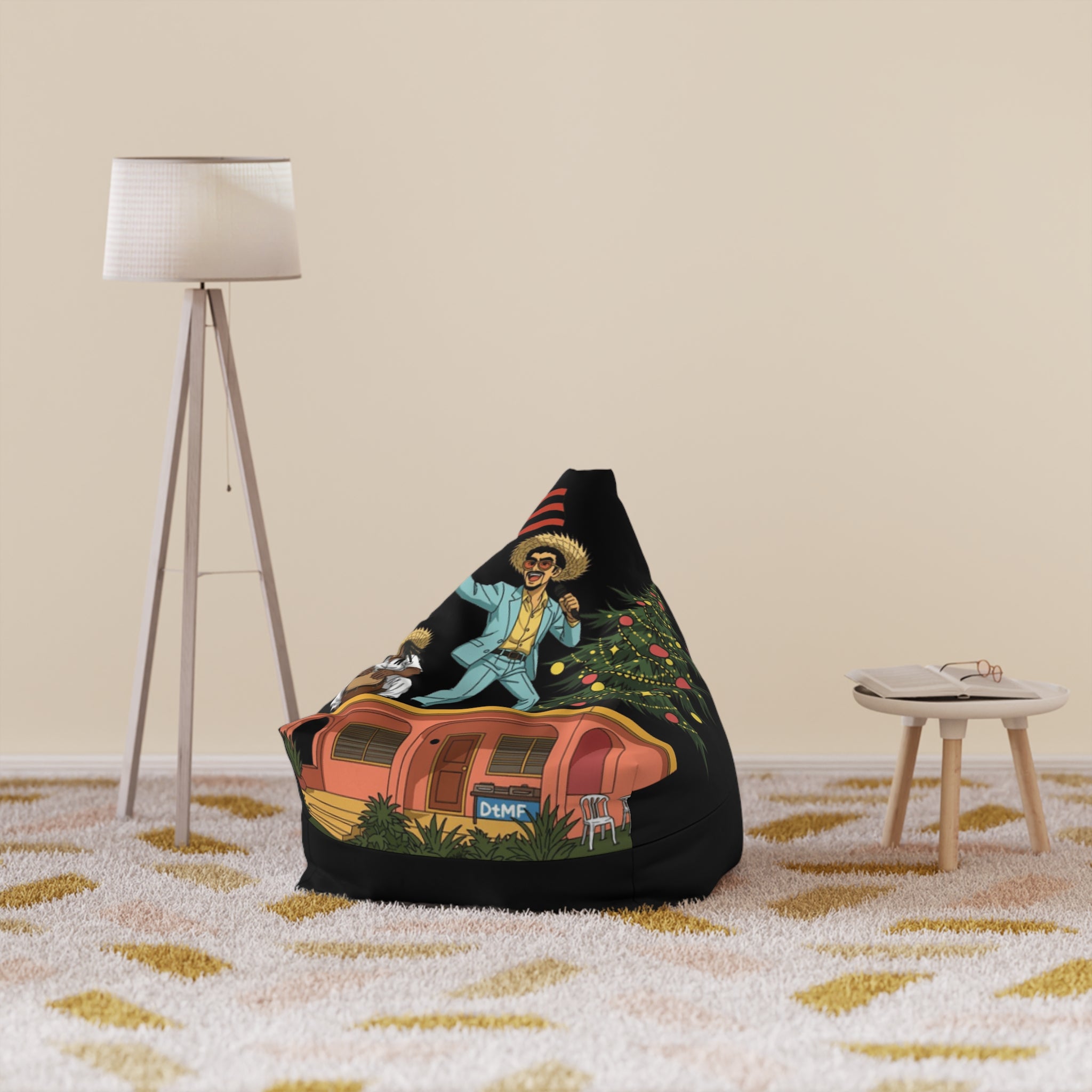 Puerto Rico Navidades Benito Bean Bag Chair Cover  Retro Camper Vibes Graphic (Man in Straw Hat, Palm Trees & Trailer)
