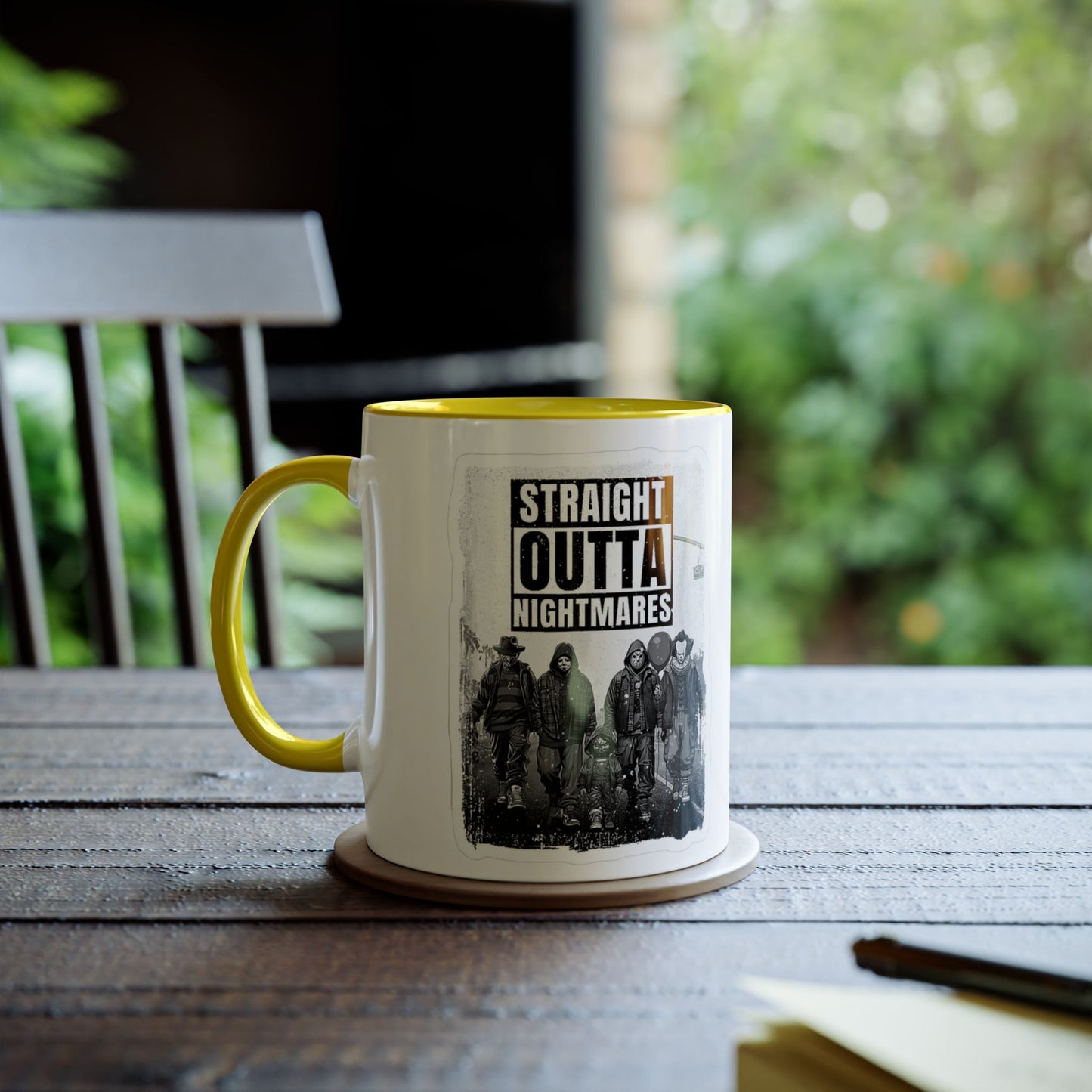 Straight Outta Nightmares Two-Tone Coffee Mug, Unique Gift for Halloween, Fun Office Decor, Red Handle Mug, Collectible Coffee Cup