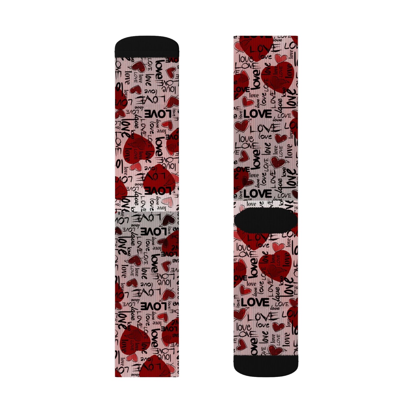 Valentine Heart Sublimation Socks – I Love You Pattern, Red Rose & Script Crew Socks