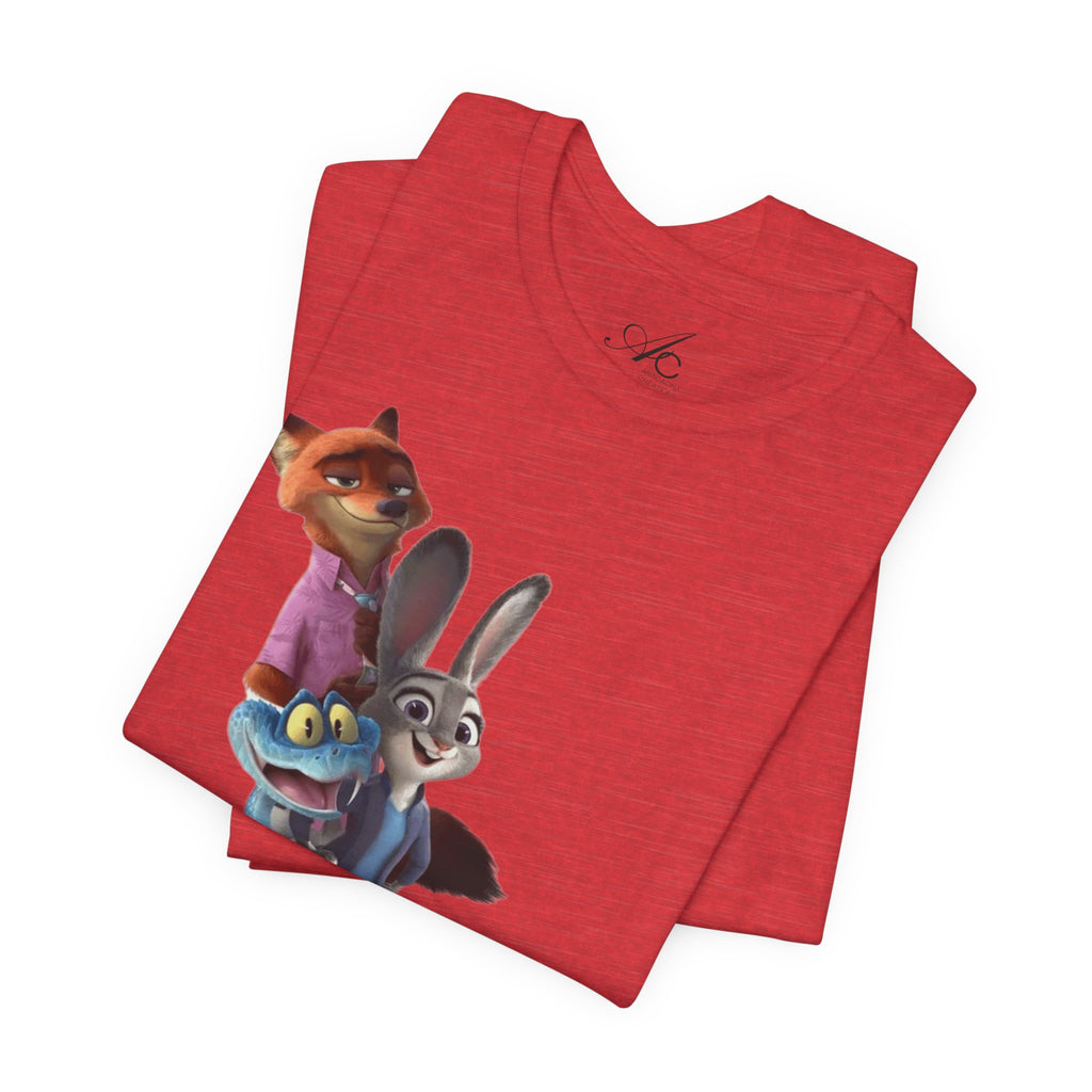 Animated Character Tee — Cute Fox & Bunny Stack Graphic T-Shirt  cartoon-style Christmas artwork