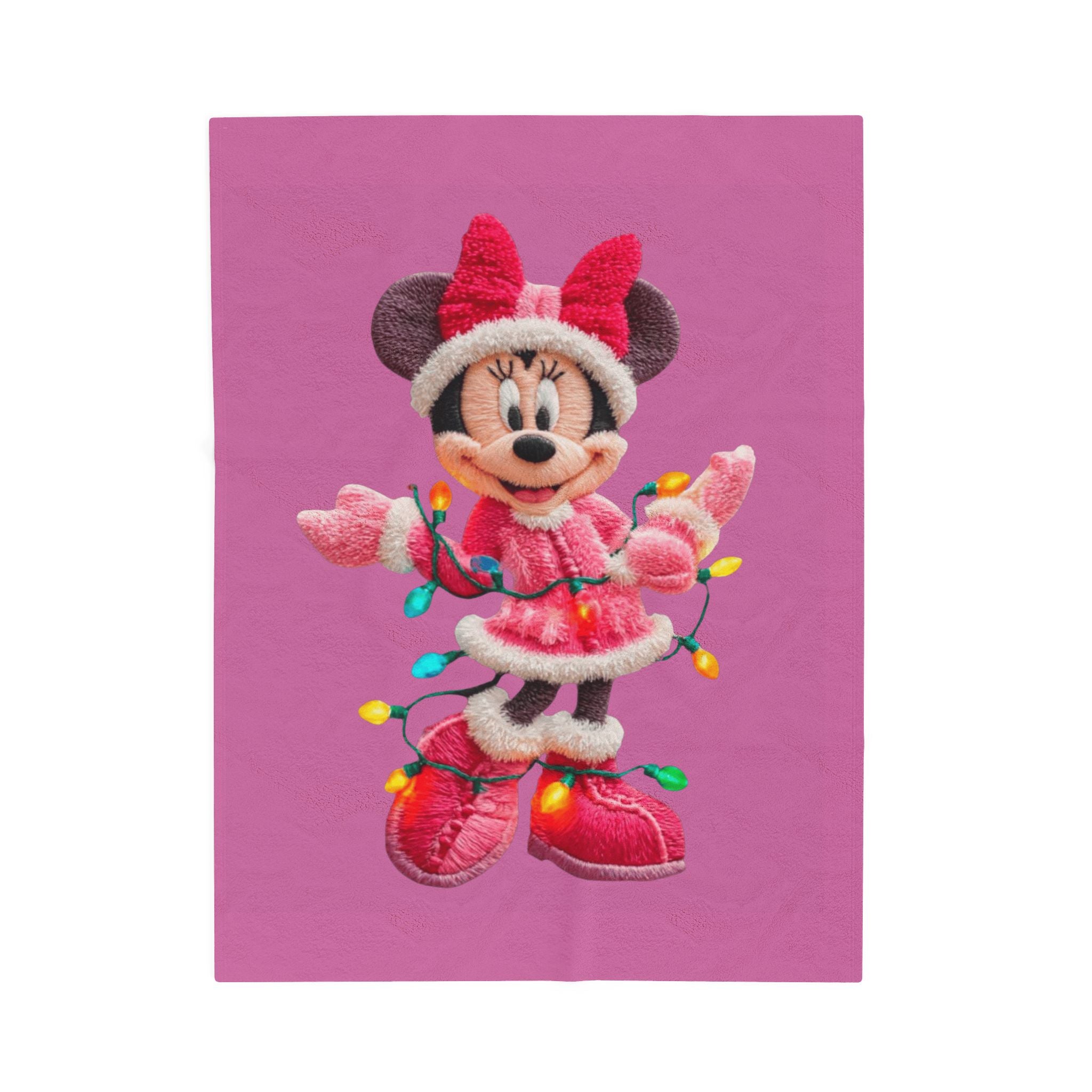 Magical Christmas Cartoon Blanket Plush Holiday Blanket  Festive Minnie Mouse with Christmas Lights