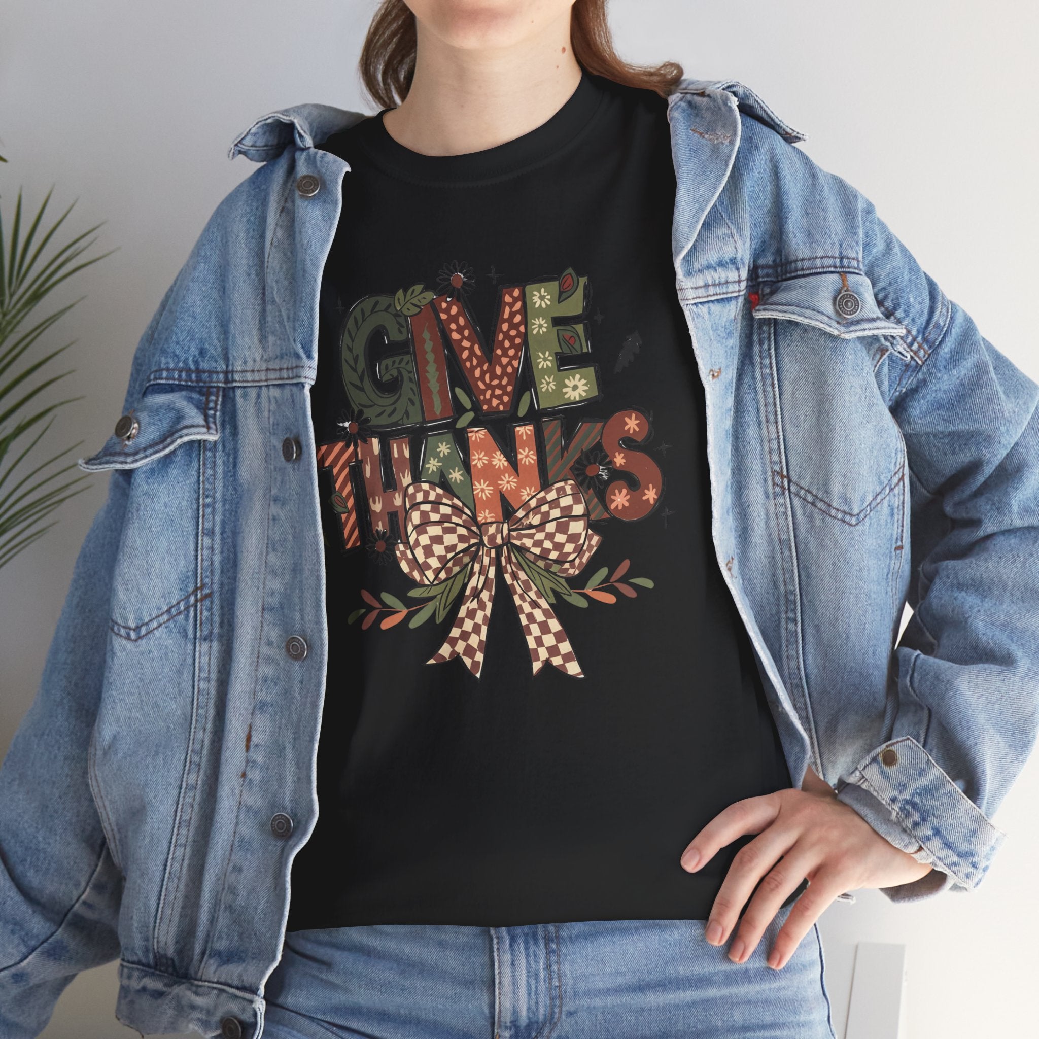 Give Thanks Tee Thanksgiving Graphic T-Shirt with Rustic Bow Design