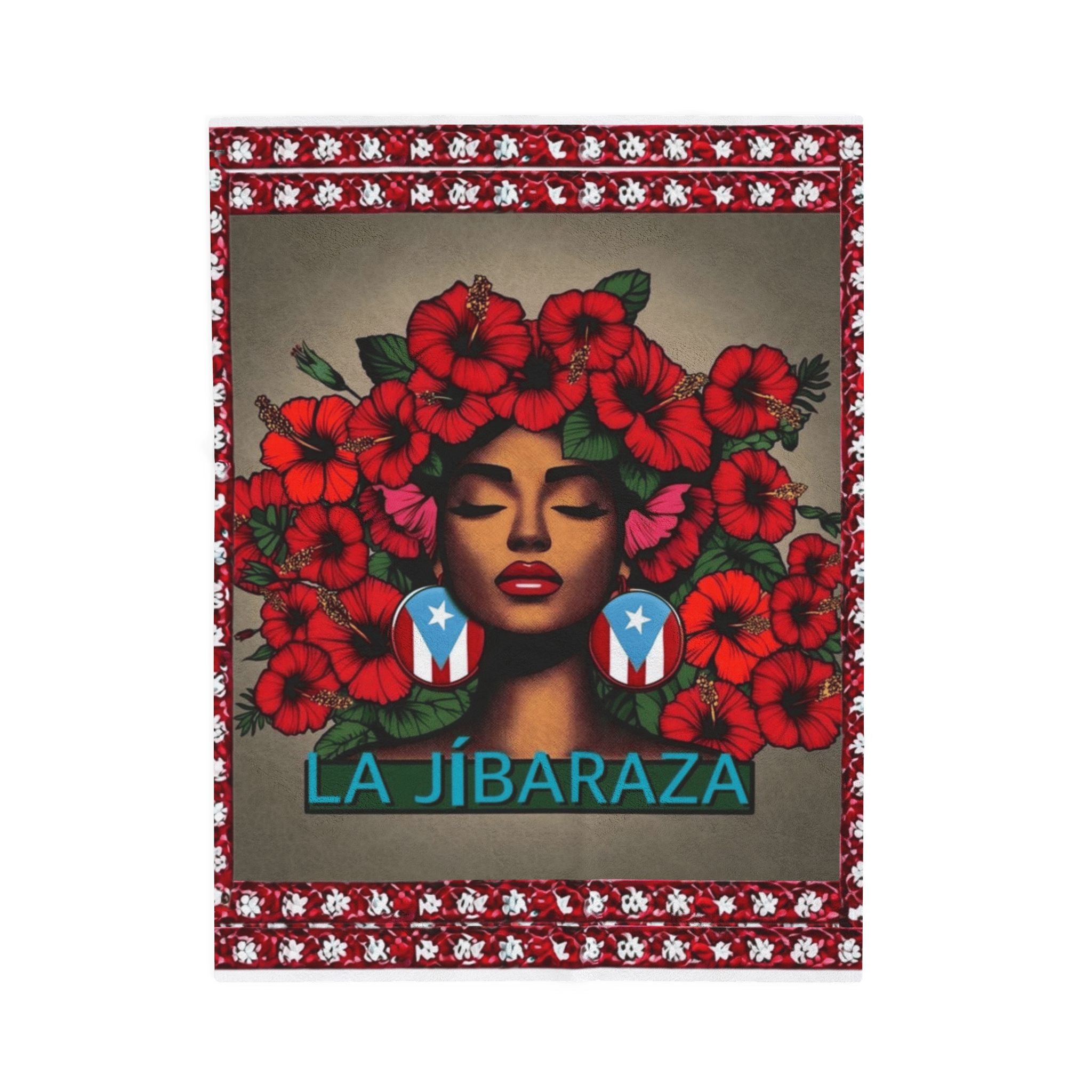La Jíbaraza Velveteen Plush Blanket  Puerto Rican Floral Afro-Latina Portrait Throw