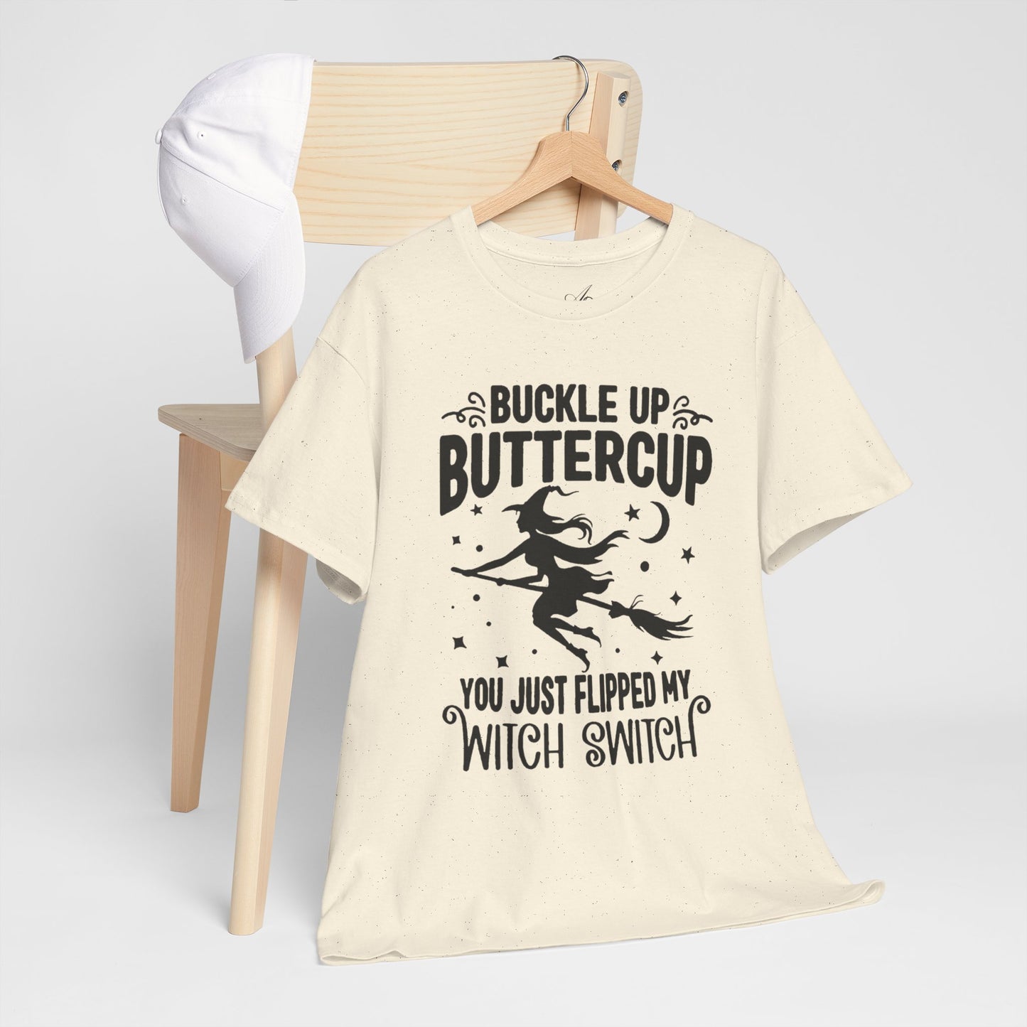 Witchy Humor Tee - Buckle Up Buttercup, Unisex Heavy Cotton Tee, Halloween Shirt, Casual Wear, Gift for Her, Funny T-Shirt