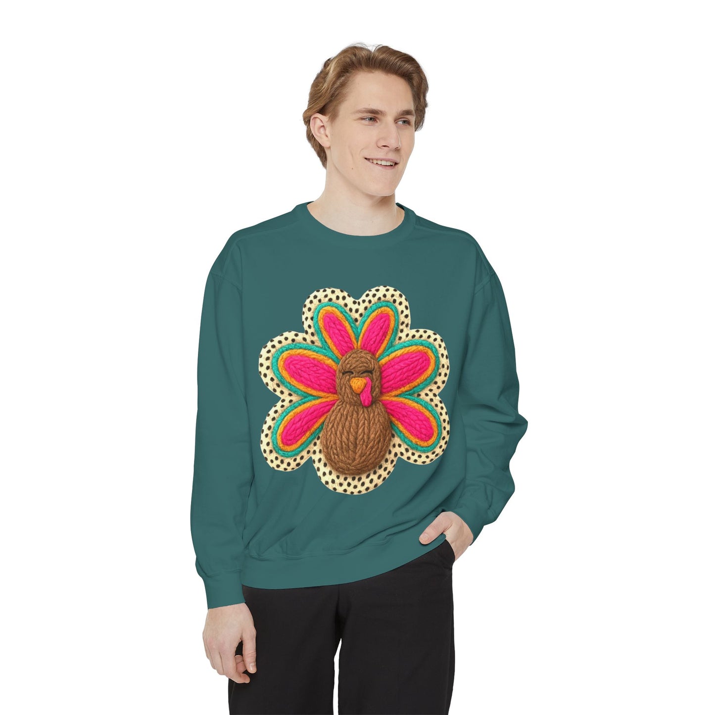 Festive Holiday Designs Turkey Patch Sweatshirt — Colorful Embroidered Thanksgiving Pullover