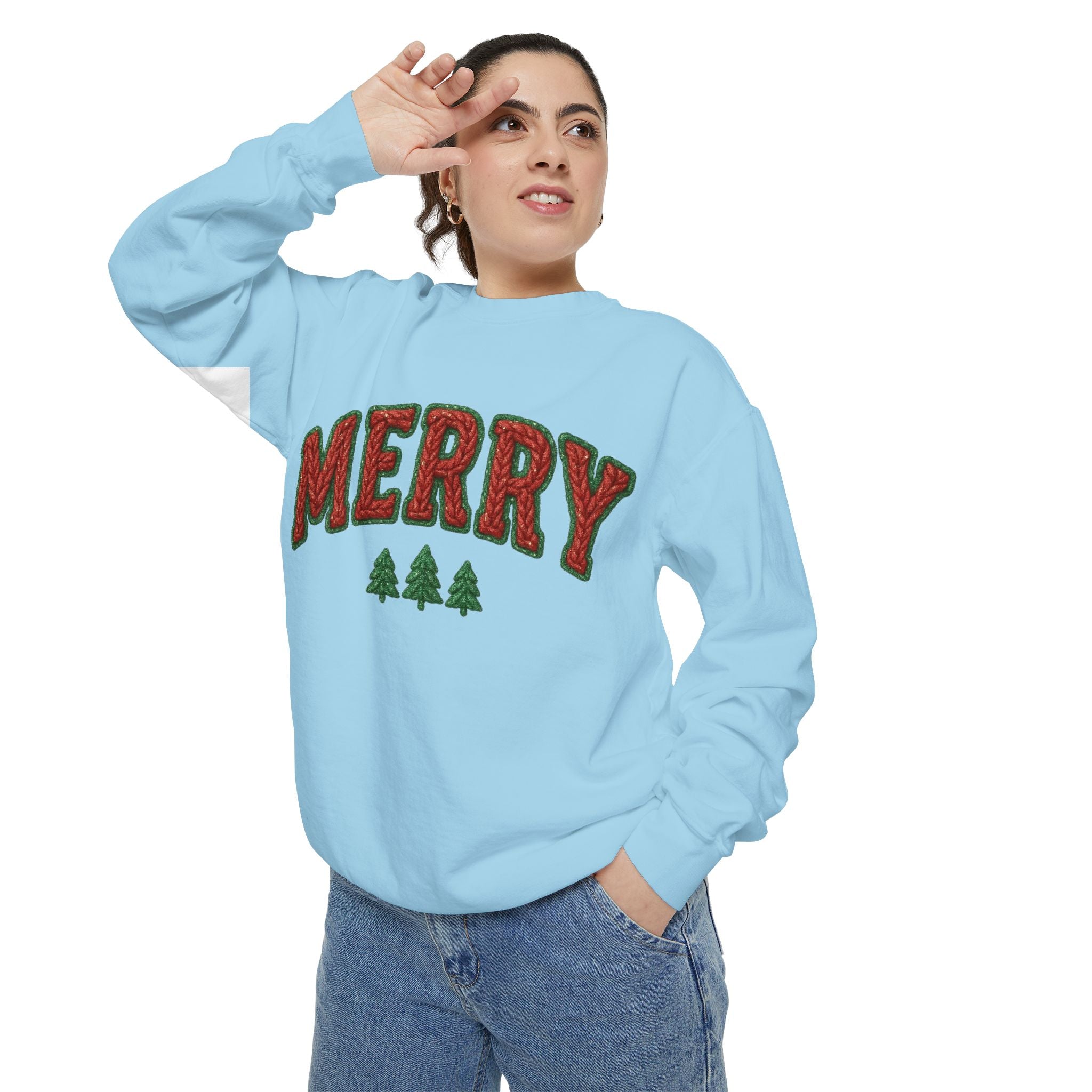 Merry Holiday Sweatshirt — Cozy Christmas Pullover with Tree Graphics Festive Holiday Designs