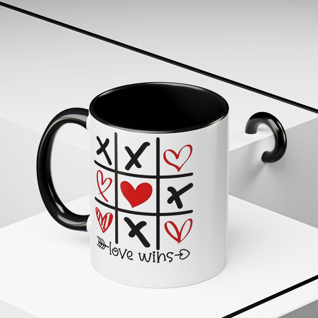 Love Wins Tic-Tac-Toe Heart Accent Coffee Mug — Romantic Valentine 11/15oz