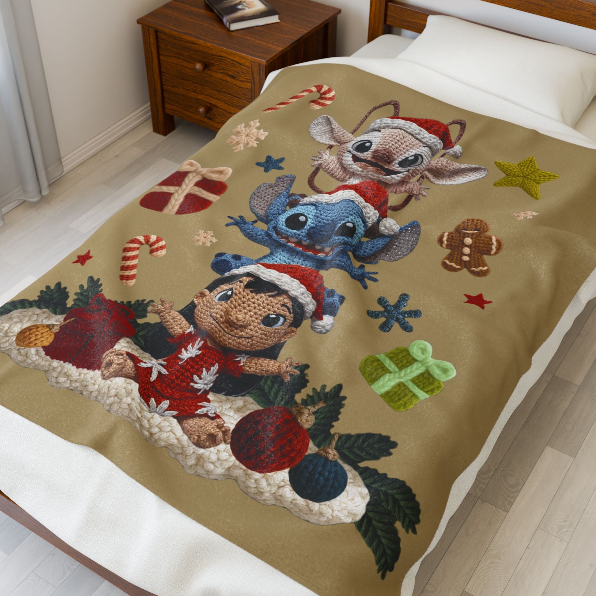 Winter Wonderland Cartoon Fleece Blanket Holiday Character Stack Velveteen Blanket Cute Christmas Stitch, Elf & Reindeer Plush Design