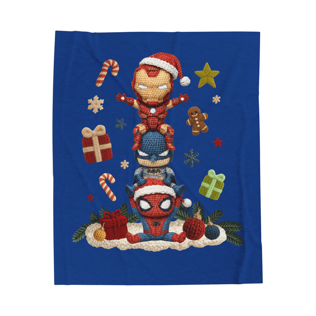 Plush Holiday Marvel Blanket — Cute Iron Man, Captain America & Spider-Man Stack with Christmas Gifts