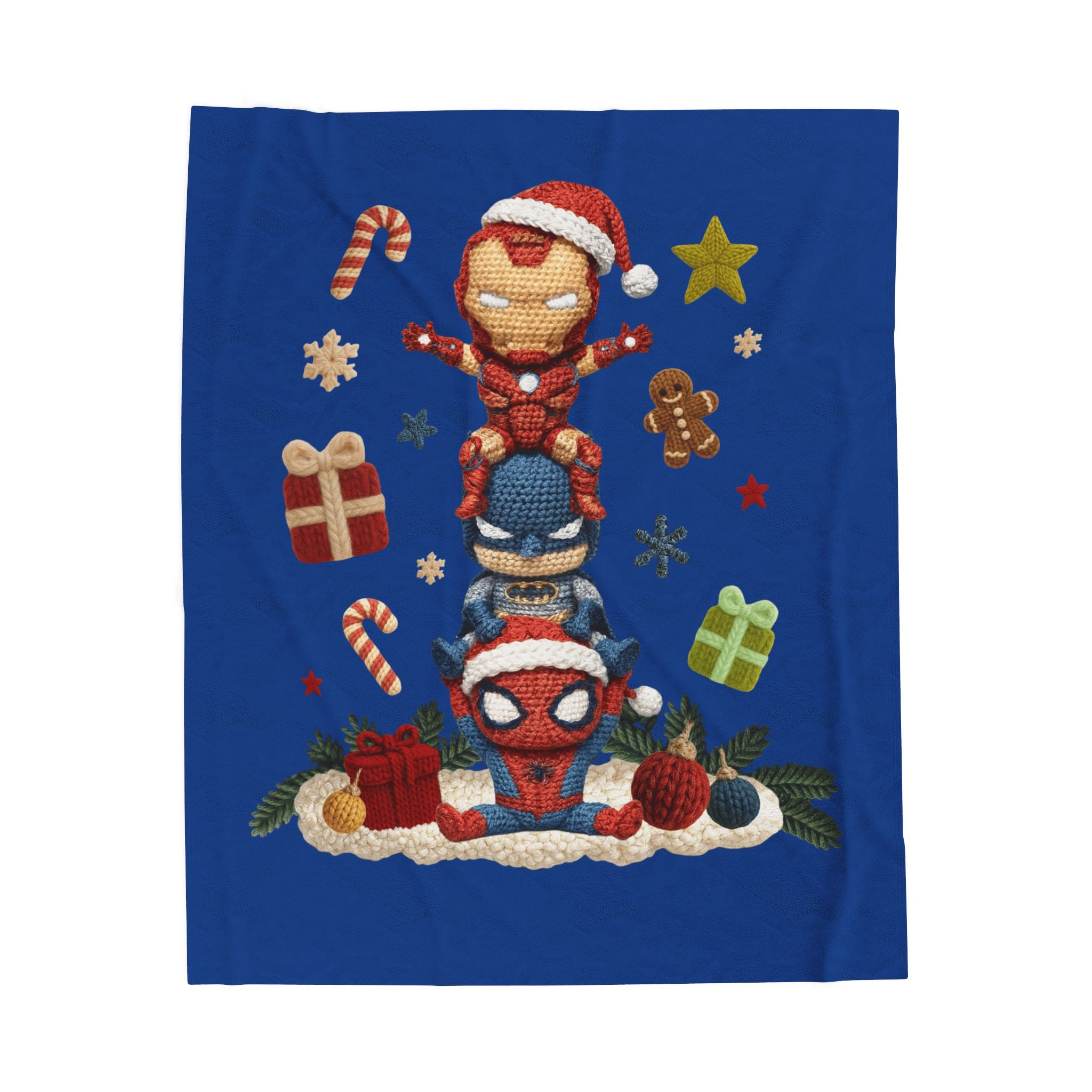 Plush Holiday Marvel Blanket — Cute Iron Man, Captain America & Spider-Man Stack with Christmas Gifts