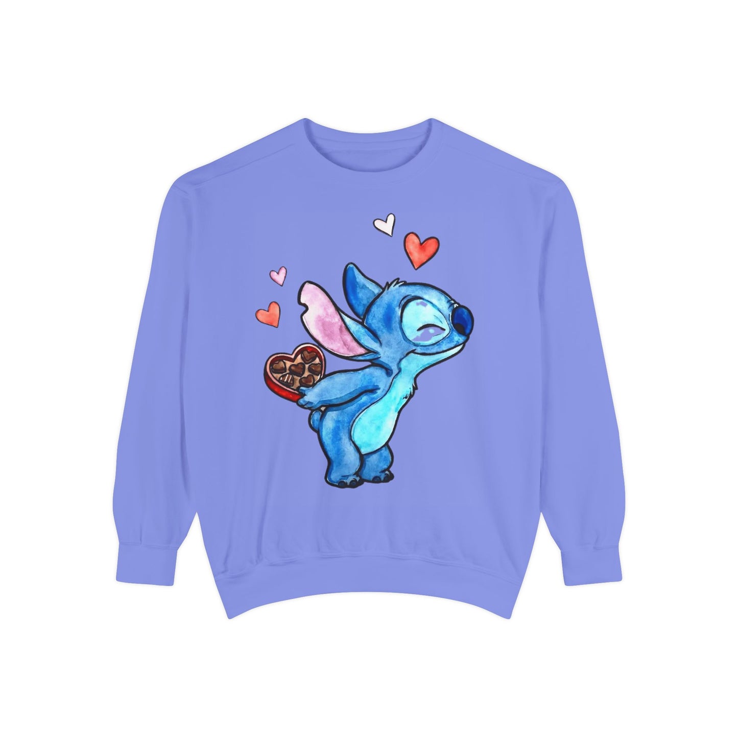 Stitch Valentine Sweatshirt — Cute Blue Alien with Hearts & Chocolate Pocket