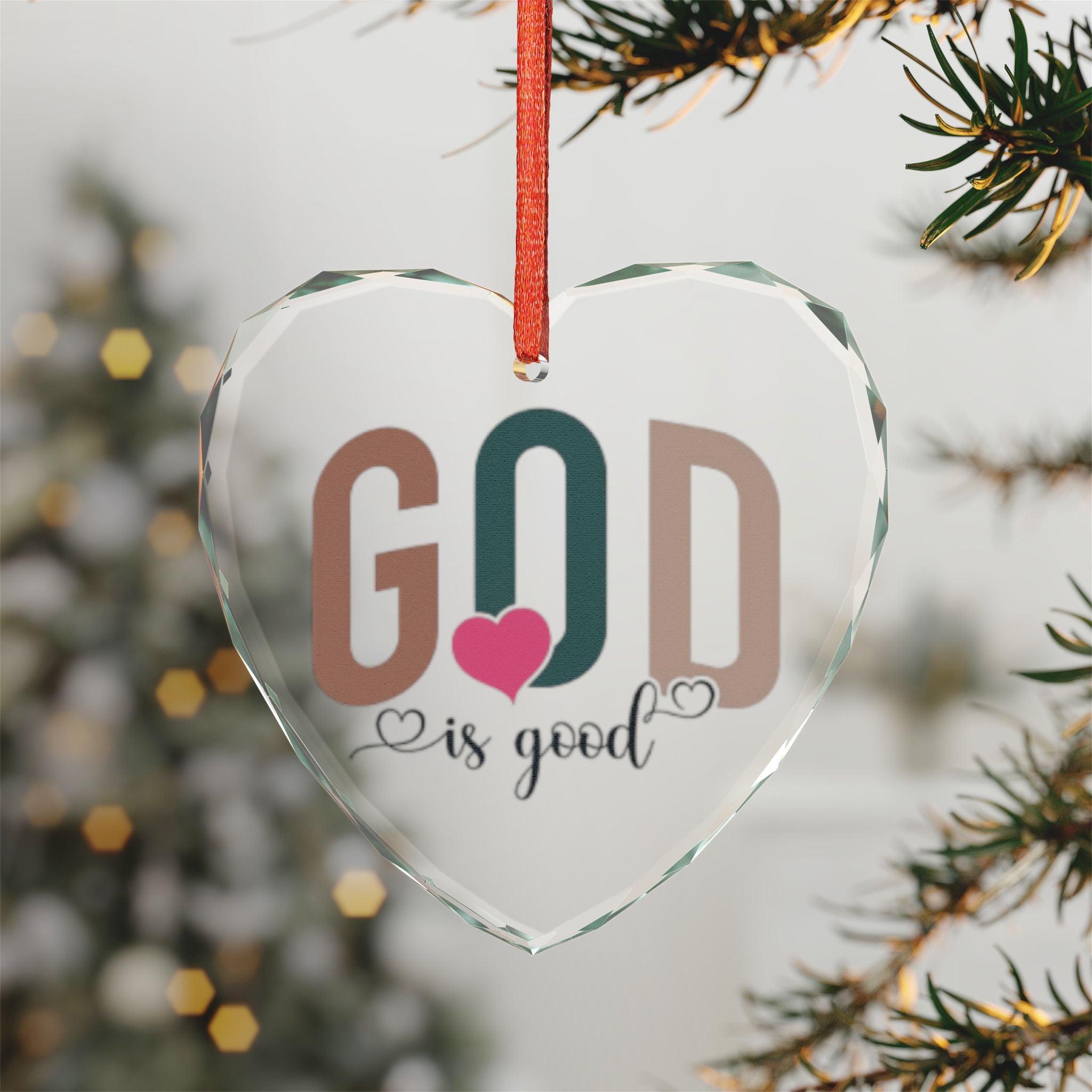 Crystal Heart Ornament — “God Is Good” Religious Glass Ornament (Heart with Pink Heart Accent)