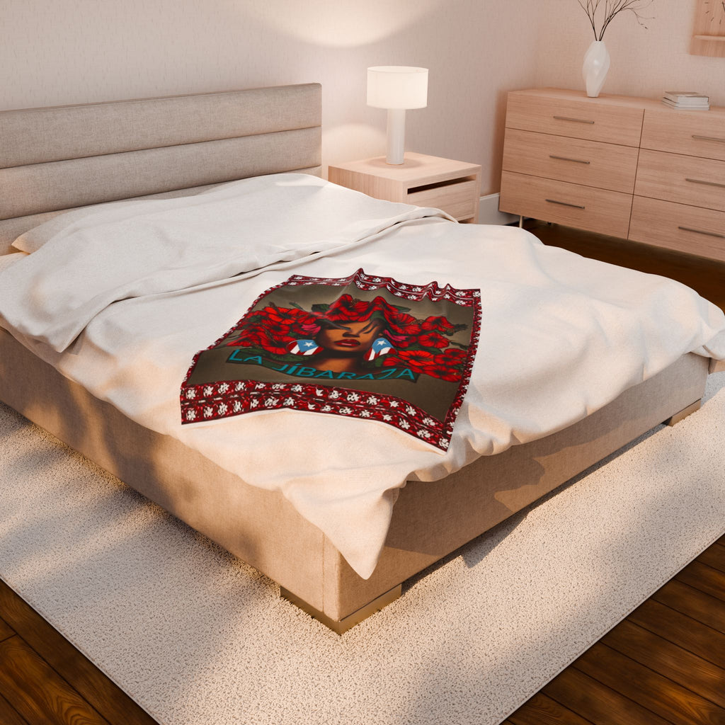 La Jíbaraza Velveteen Plush Blanket  Puerto Rican Floral Afro-Latina Portrait Throw