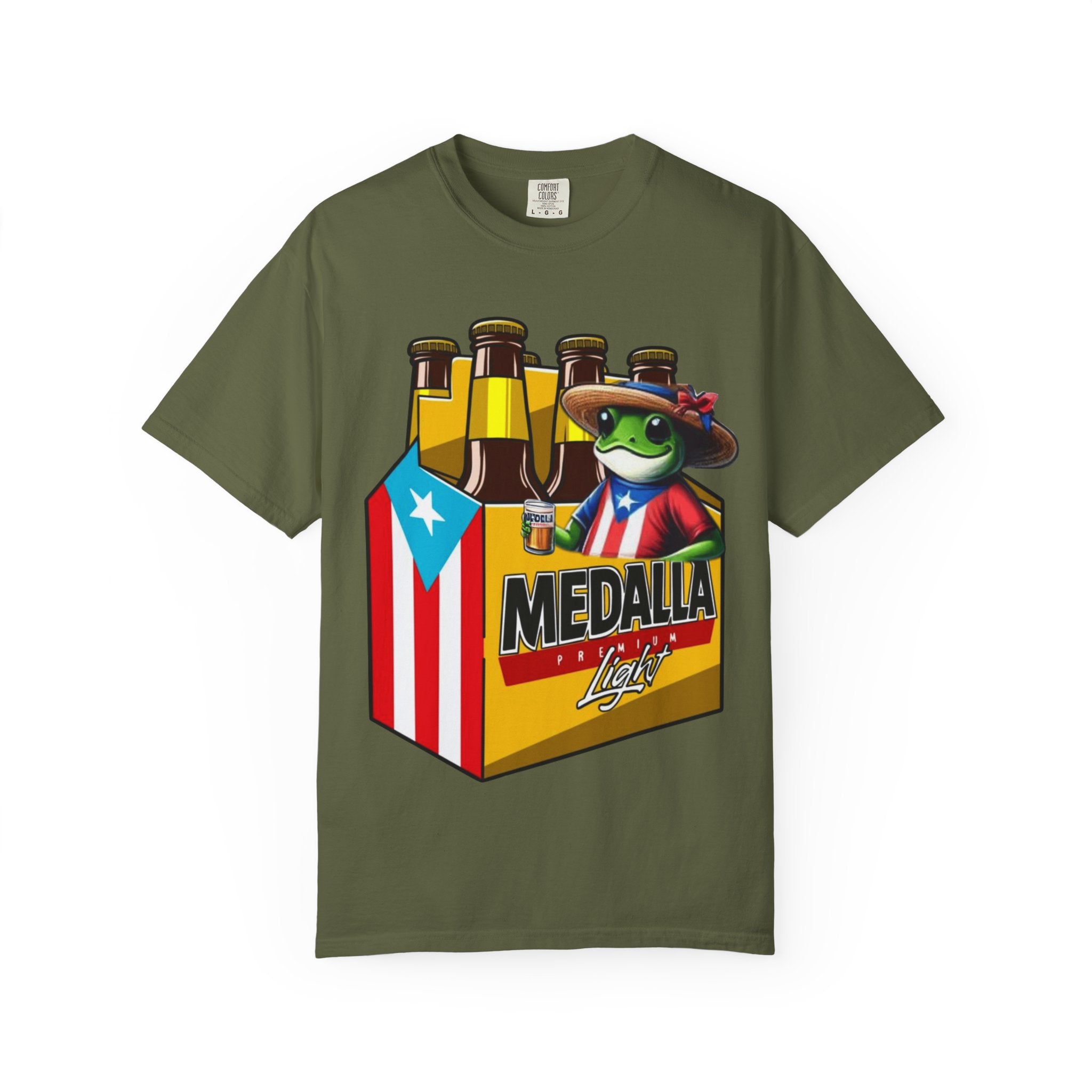 Medalla Light Puerto Rican Beer T-Shirt Coqui Frog Mascot Six-Pack Graphic Tee Puerto Rico’s Navidades