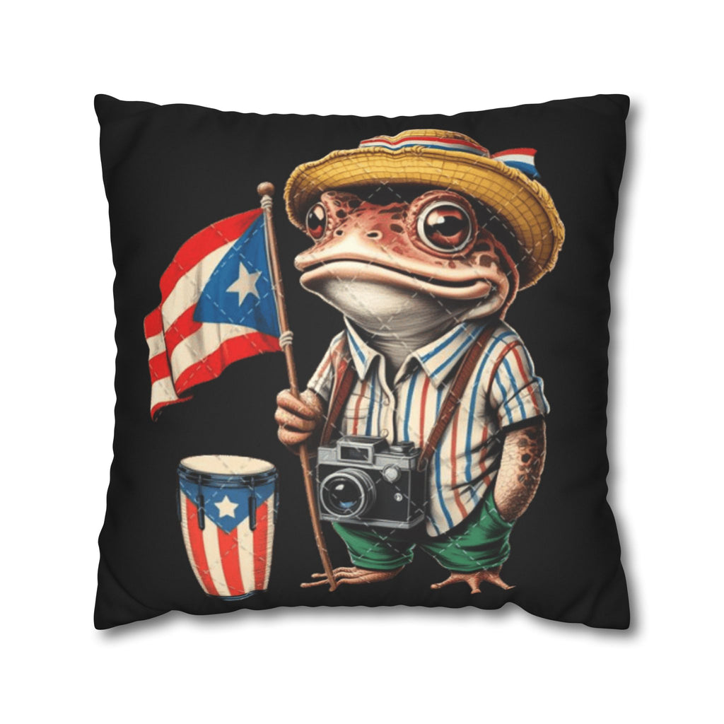 Puerto Rican Flag Frog Faux Suede Pillowcase  Tourist Toad Camera Design Puerto Rico Culture Pillow