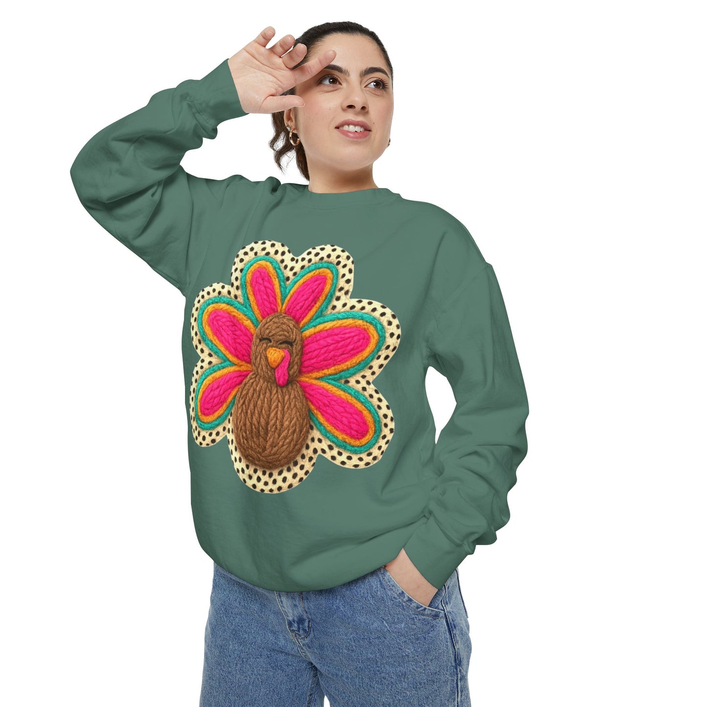Festive Holiday Designs Turkey Patch Sweatshirt — Colorful Embroidered Thanksgiving Pullover