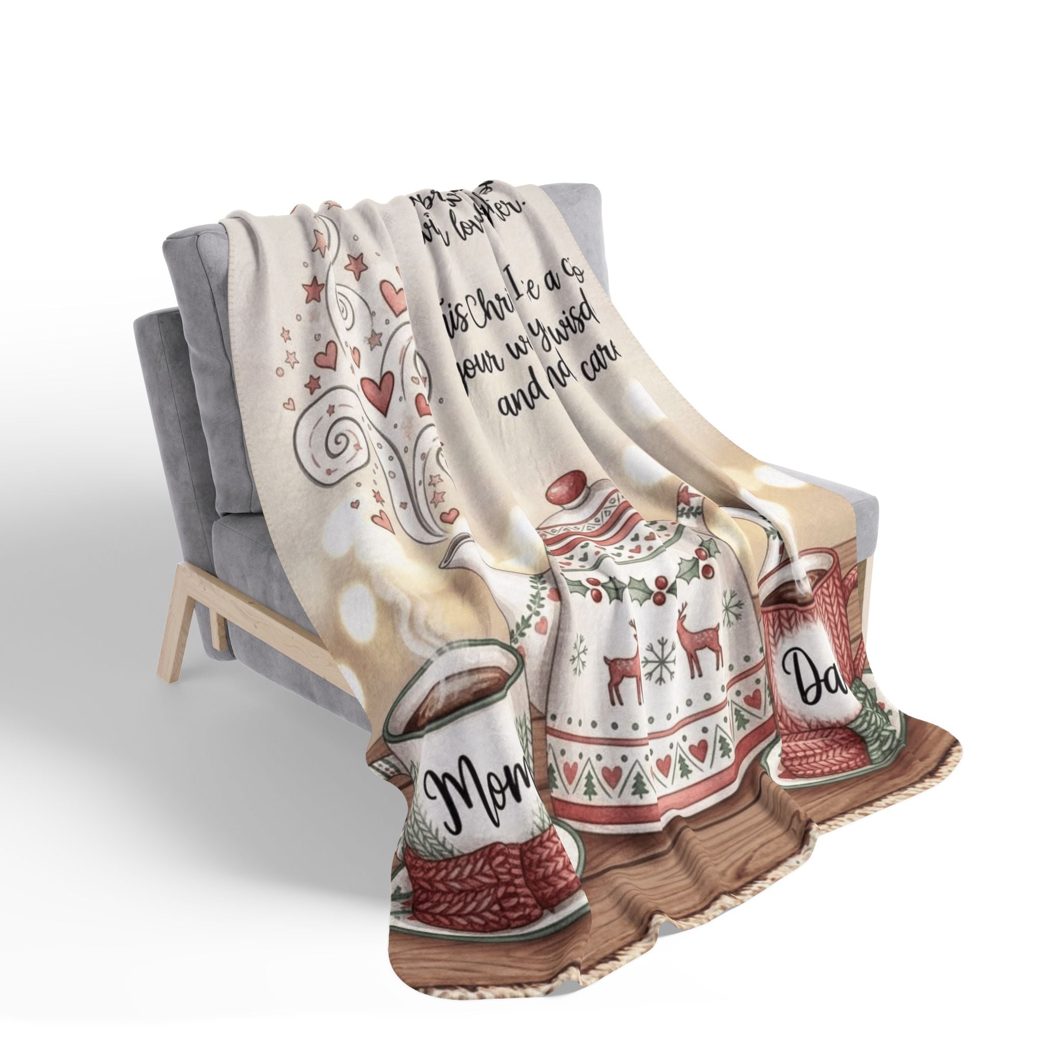 Christmas Tea Tribute Fleece Sherpa Blanket  "Mom" & "Dad" Cozy Holiday Message Holiday Christmas Blanket,