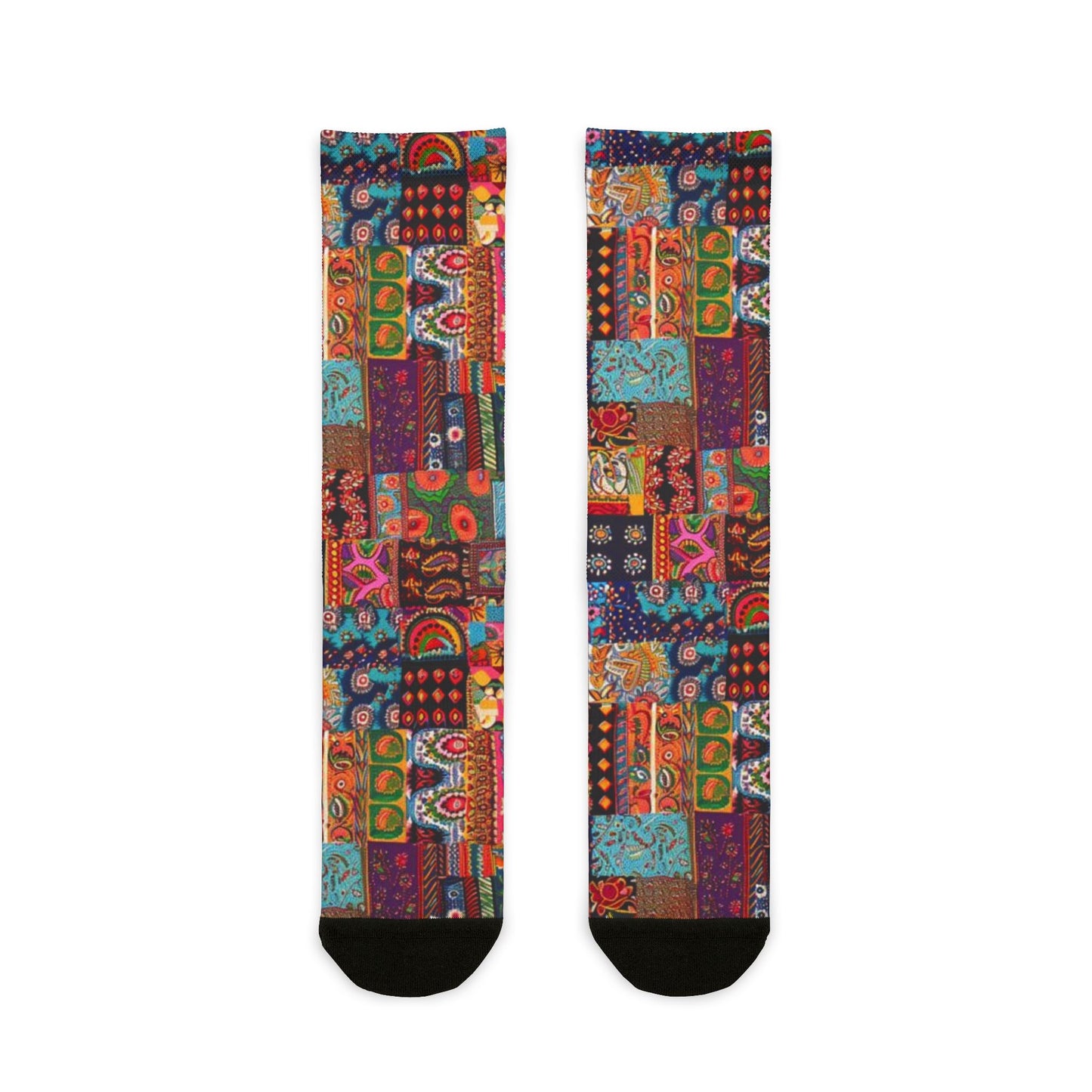 Colorful Patchwork Crew Socks Vibrant Boho Sublimation Design