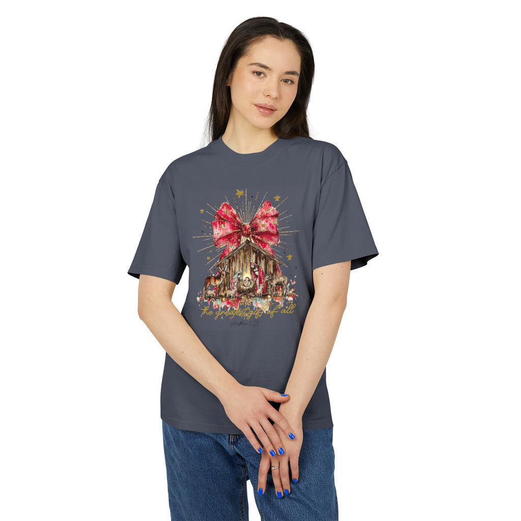 Christmas Nativity Tee  Rustic Manger with Red Bow Holiday T‑Shirt Christmas T-shirts and sweaters
