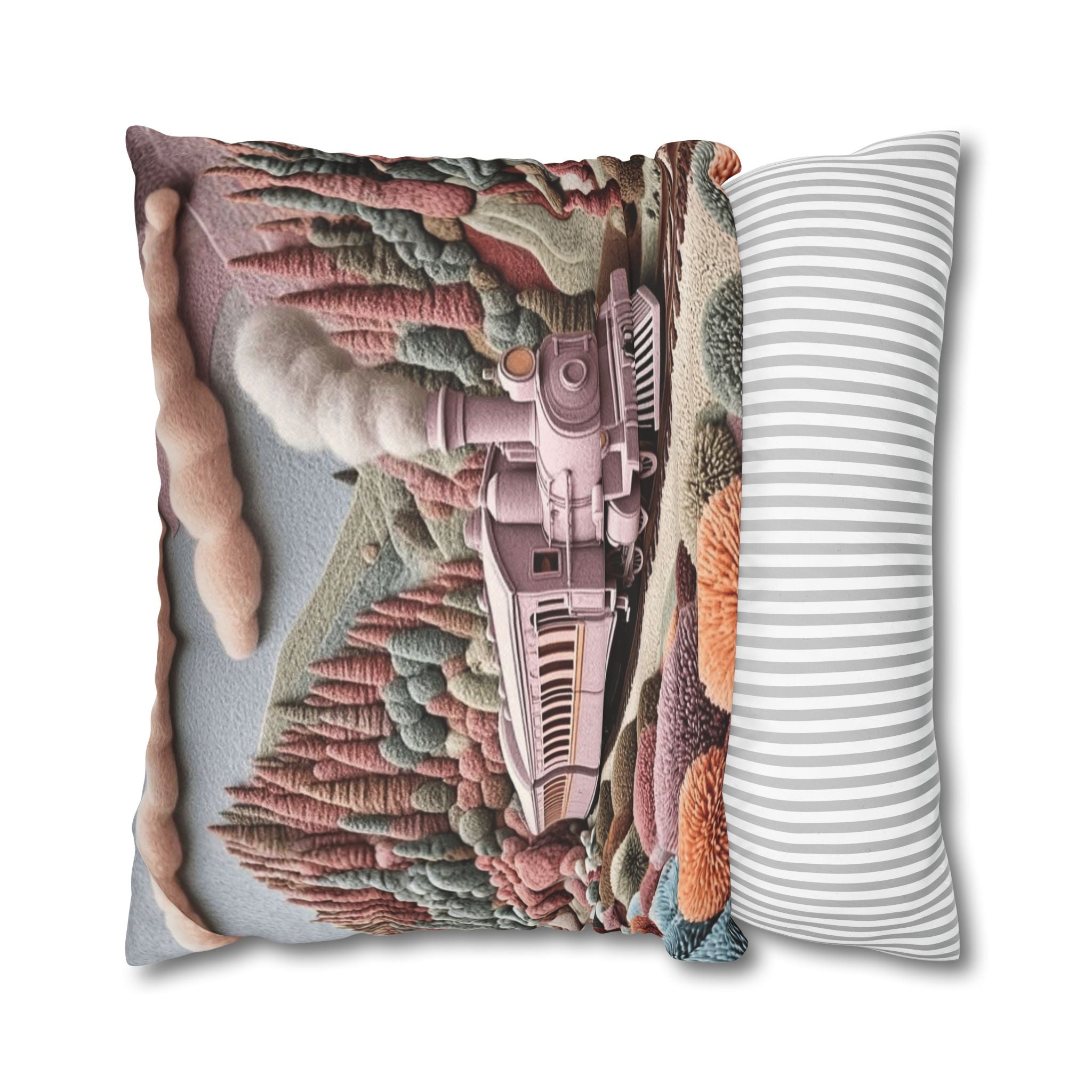 Vintage Pink Train Decorative Pillow – Whimsical Scenic Throw Pillowcase