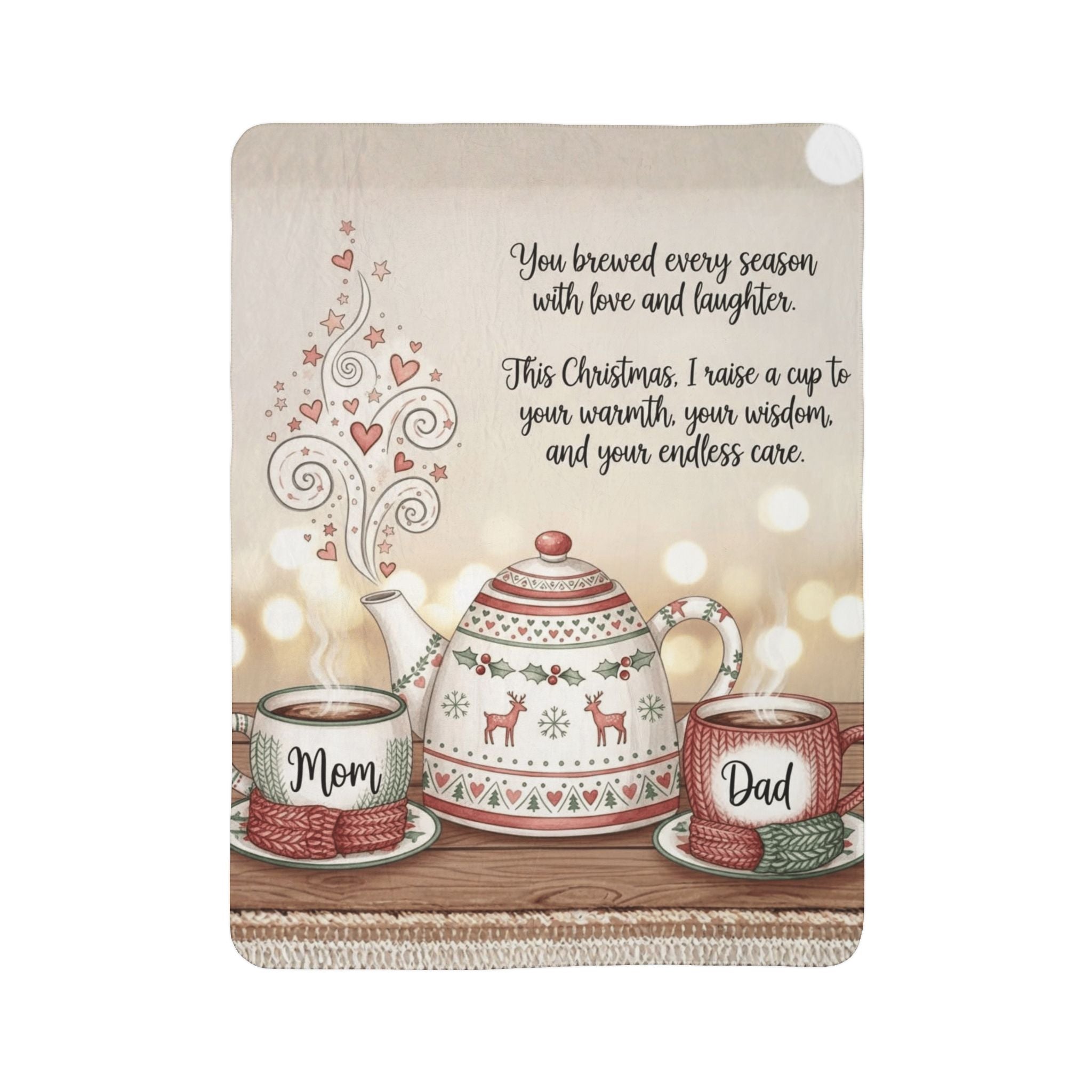 Christmas Tea Tribute Fleece Sherpa Blanket  "Mom" & "Dad" Cozy Holiday Message Holiday Christmas Blanket,