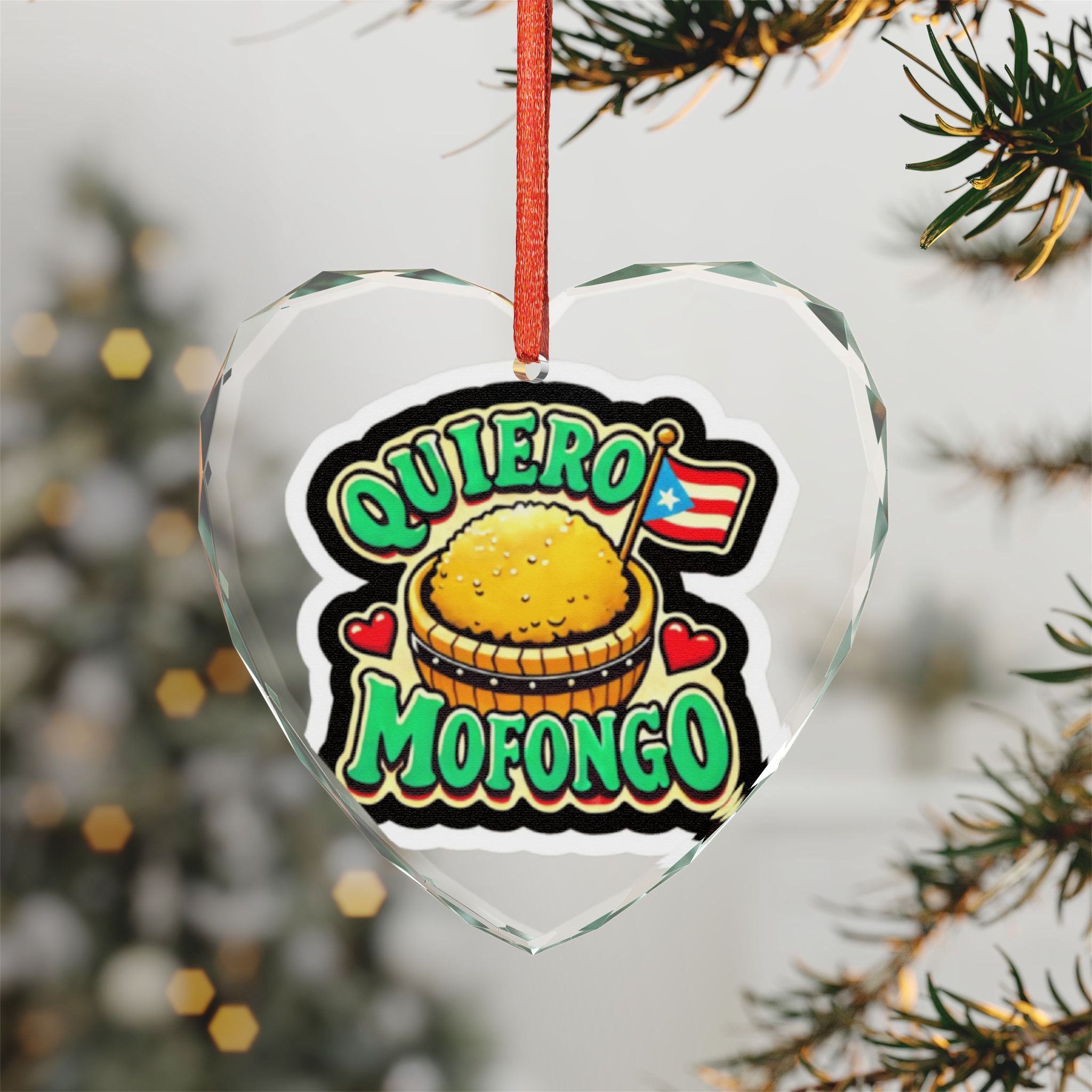 Crystal Heart Ornament — “Quiero Mofongo” Puerto Rican Food Holiday Decor
