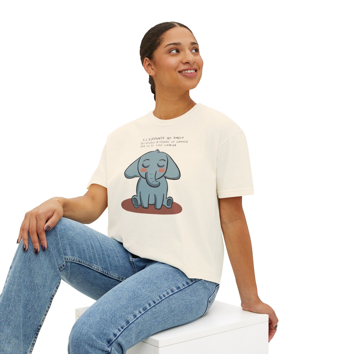 🌸 🧘‍♀️ Viste tu paz – Que tu energía hable primero Cute Elephant Women's Boxy Tee, Relaxed Fit Shirt, Gift for Animal Lovers, Casual Wear,