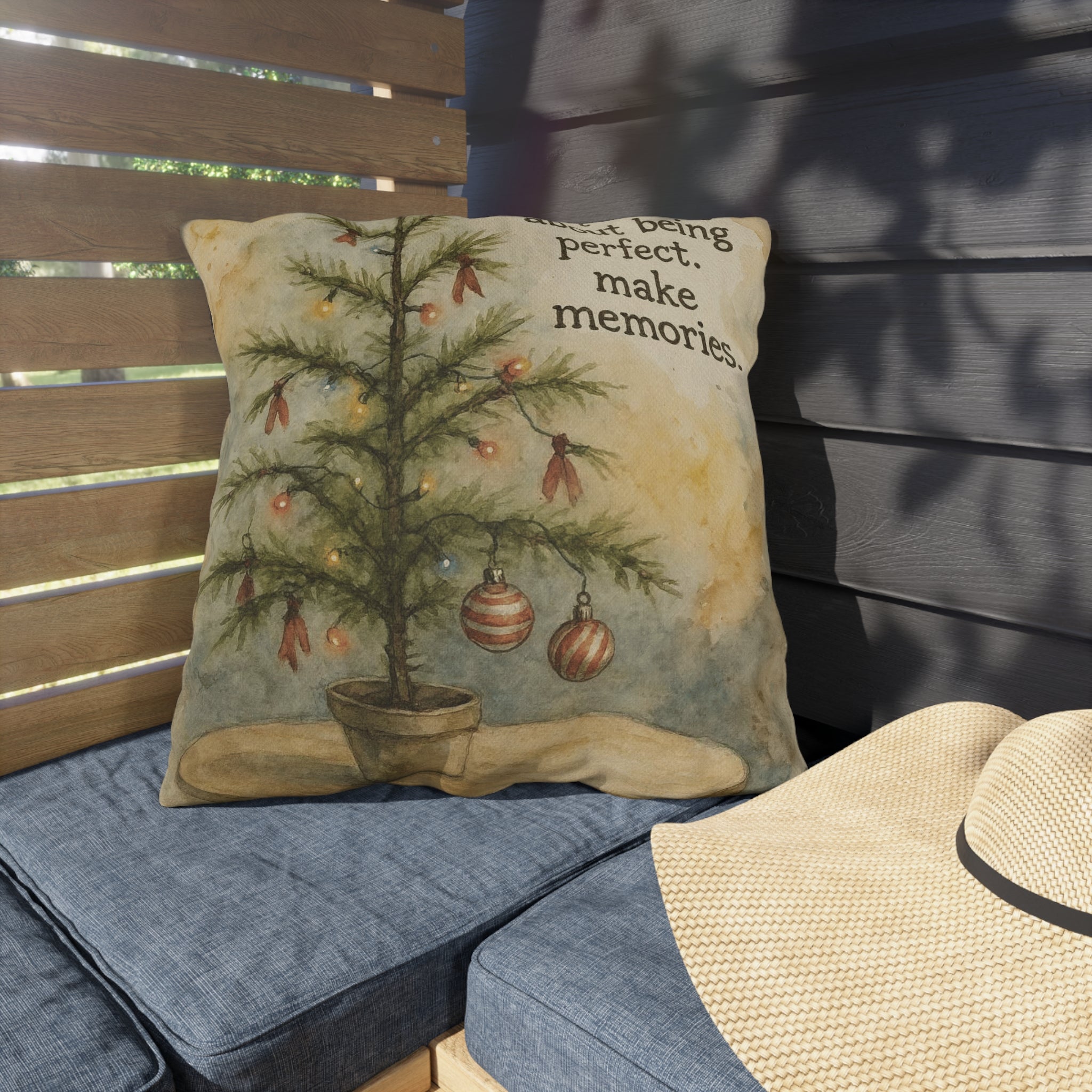 Christmas Tree Outdoor Pillow – "Don't Worry About Being Perfect, Make Memories" Holiday Décor