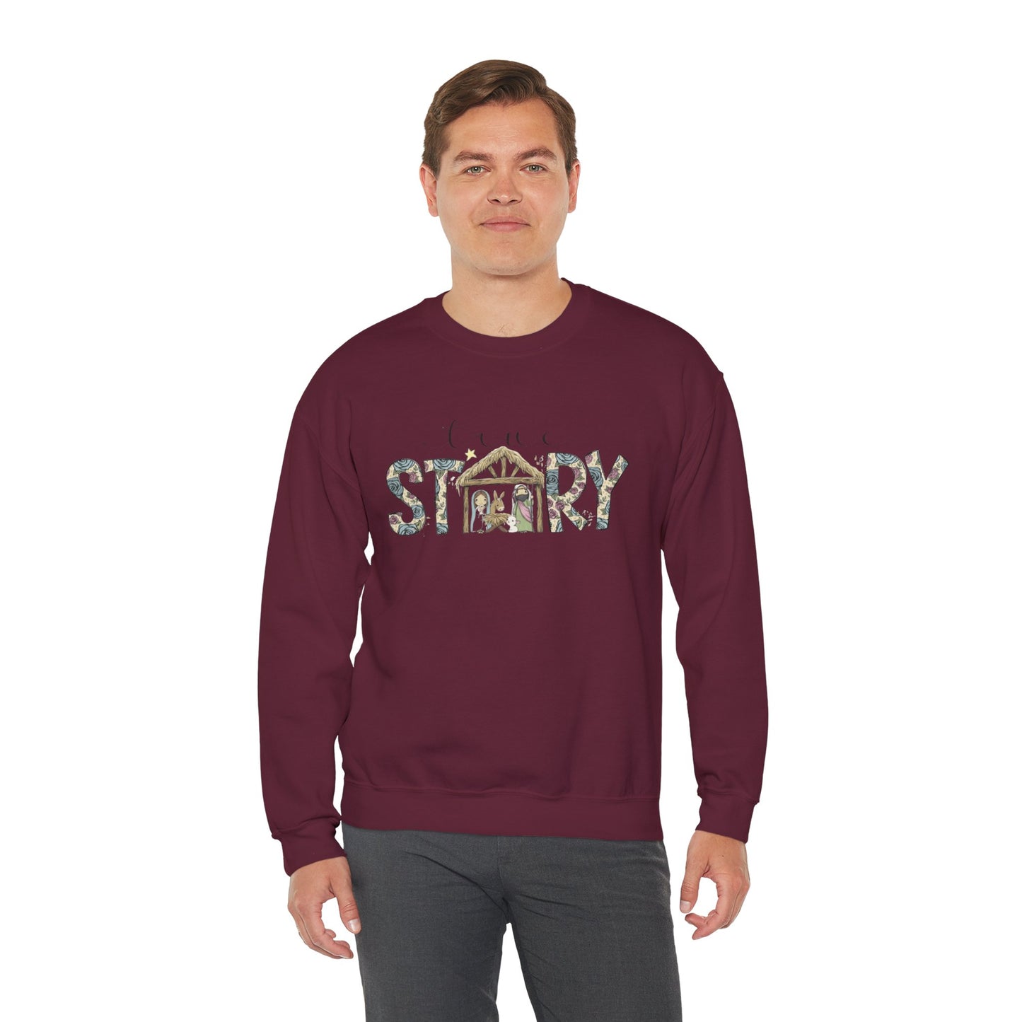 Crewneck Sweatshirt "Come Story" Floral Nativity Design  Cozy Christmas Pullover unique festive designs and joyful