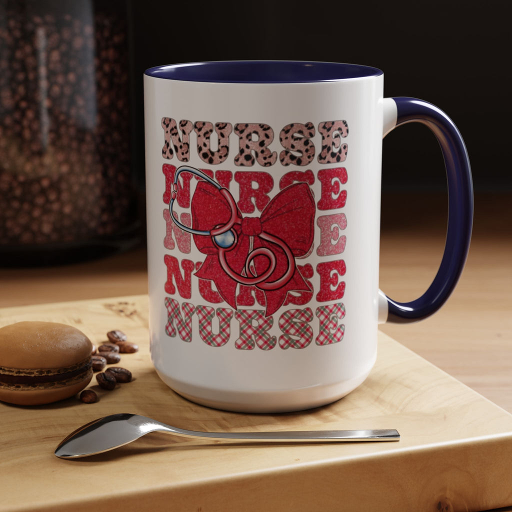 Nurse Stethoscope Bow Accent Coffee Mug — Cute Leopard & Plaid Healthcare Gift (11/15oz) Medical Christmas Mug
