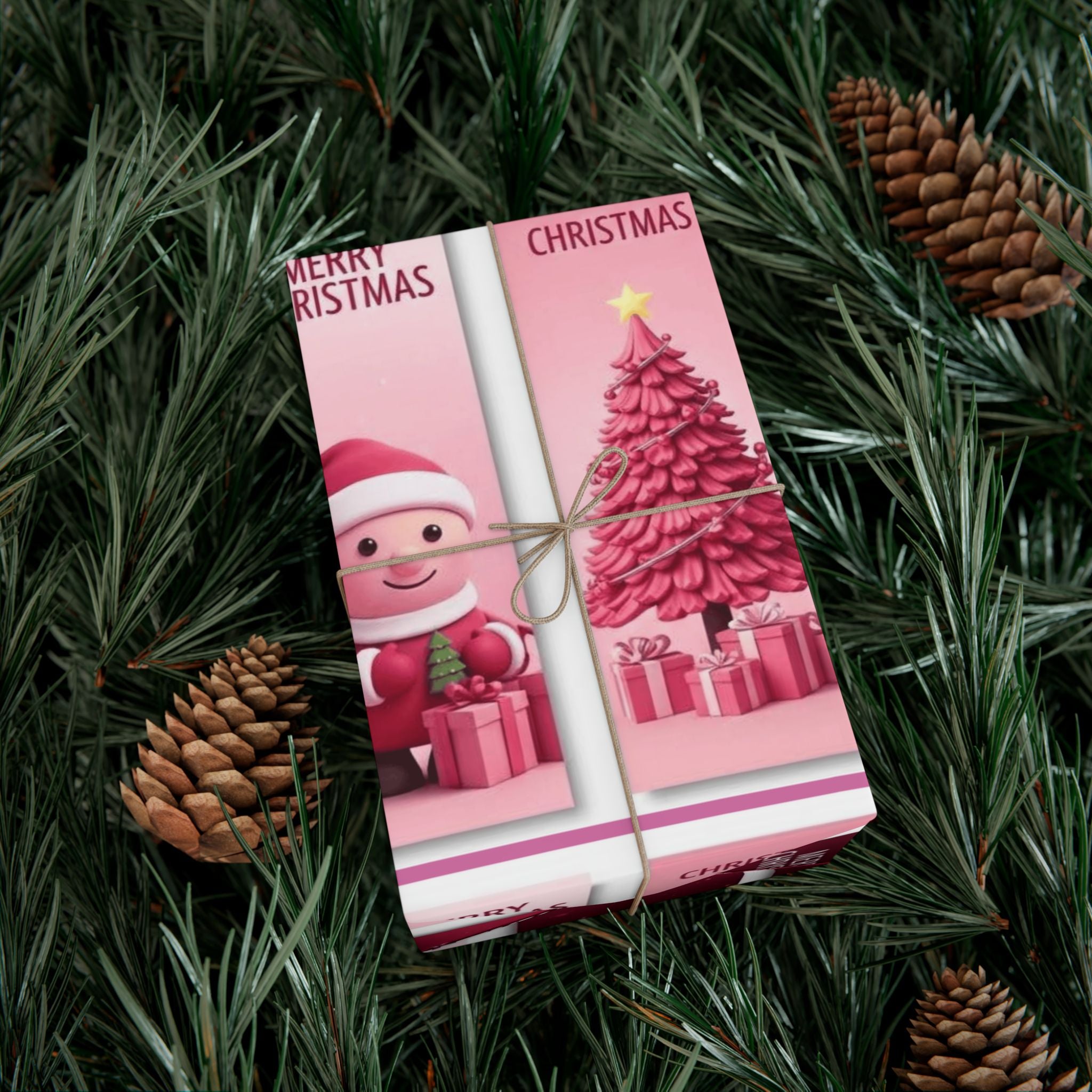 Christmas Gift Wrap Paper - Pink Merry Christmas Star & Tree Holiday Wrapping Sheets