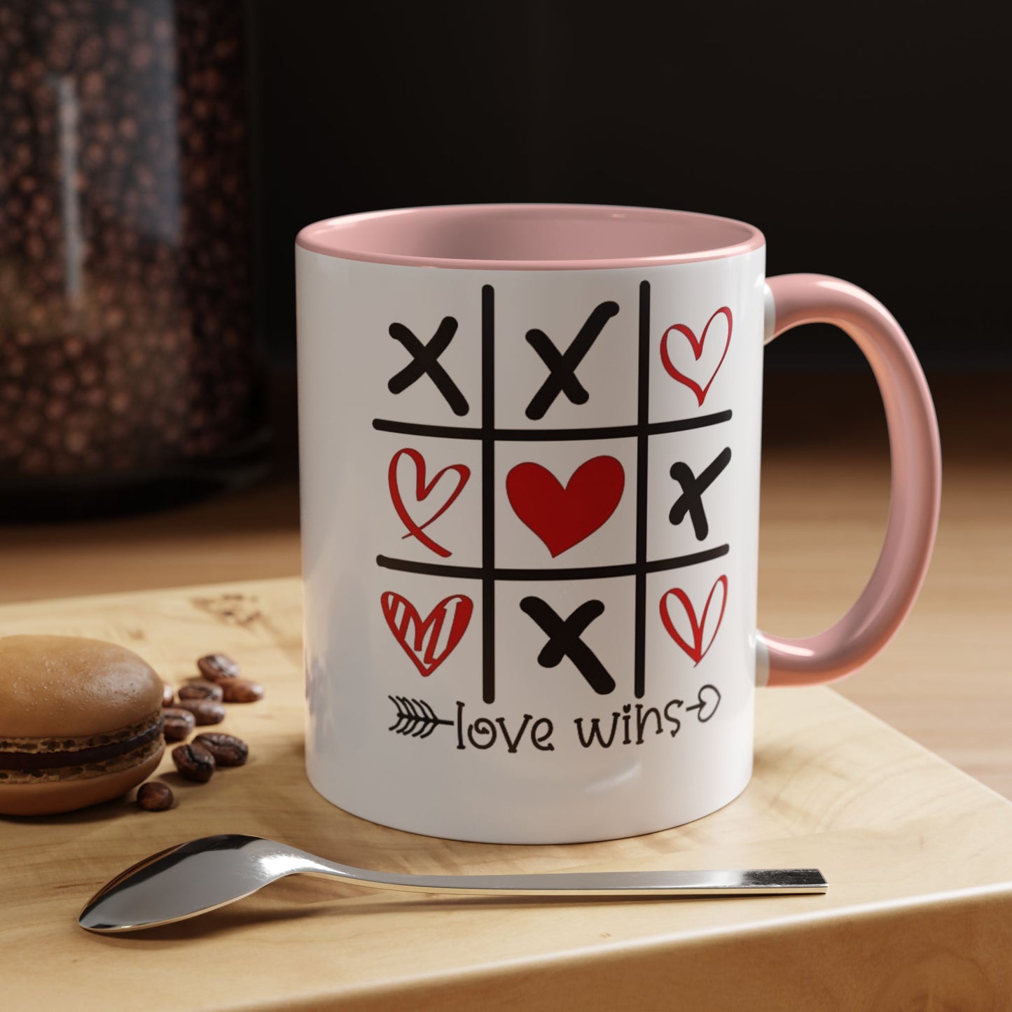 Love Wins Tic-Tac-Toe Heart Accent Coffee Mug — Romantic Valentine 11/15oz