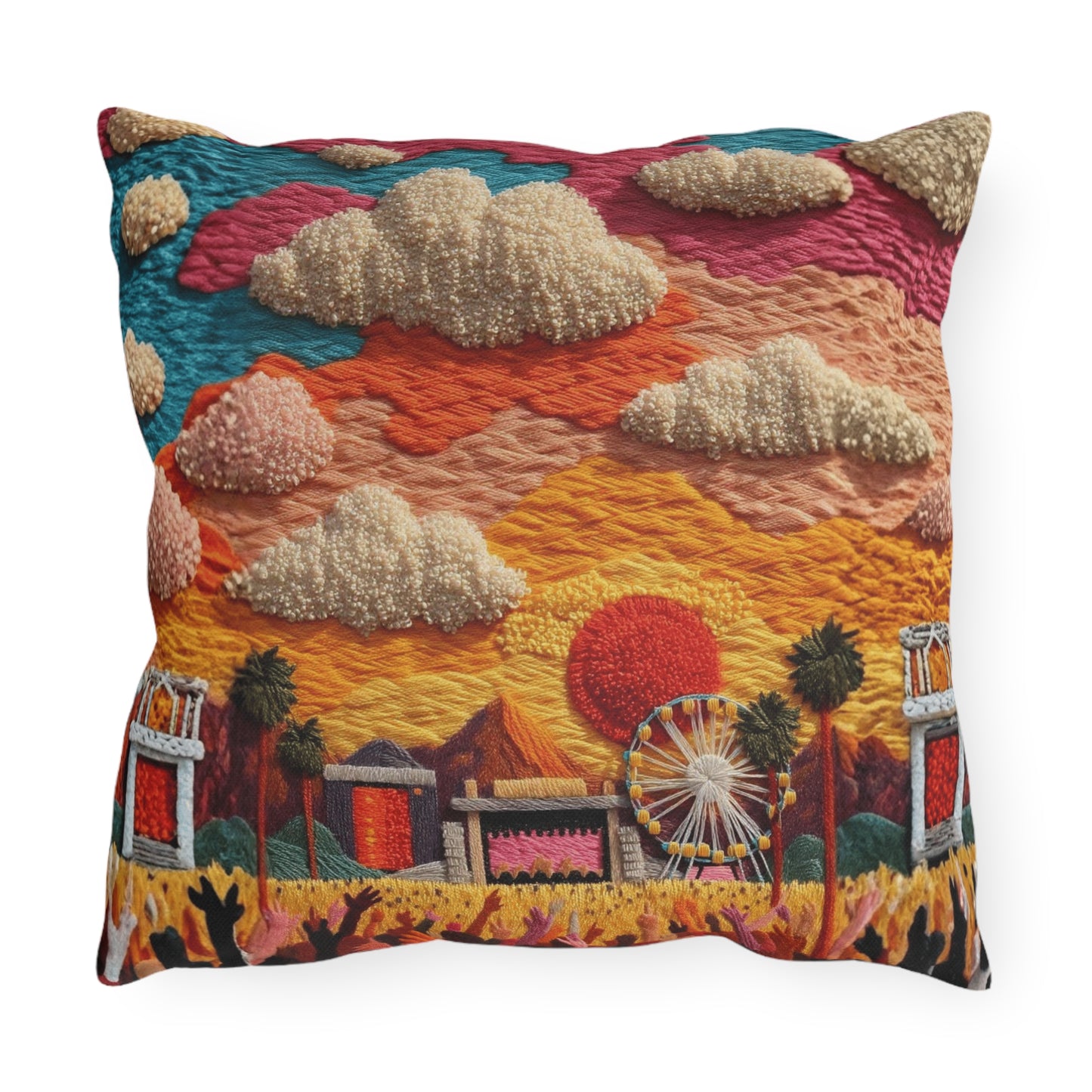 Retro Festival Outdoor Pillow — Sunset Carnival Embroidered Design