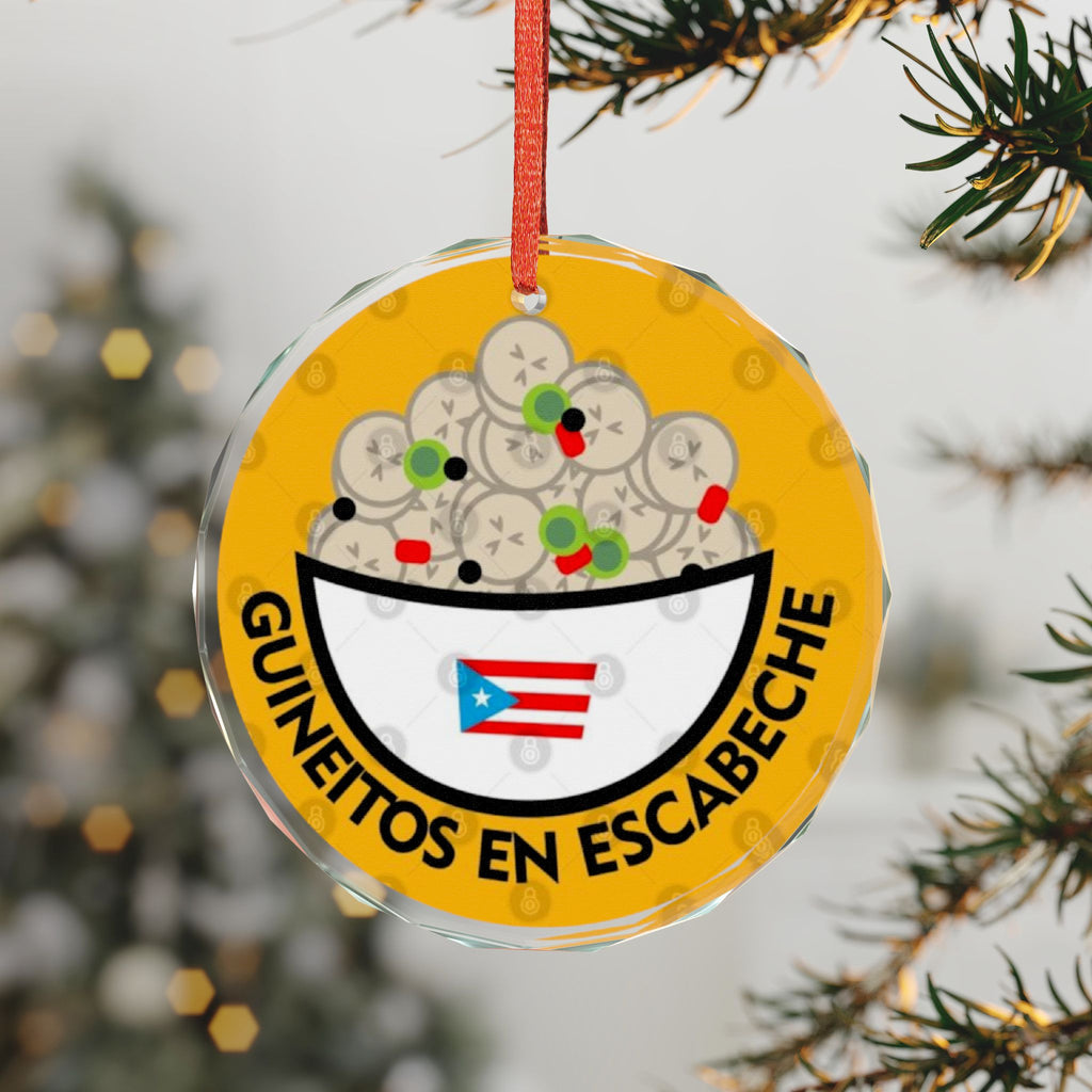 Heart-Shaped Crystal Glass Ornament - Puerto Rican Food Theme Feliz Navidad Boricua Glass Ornament