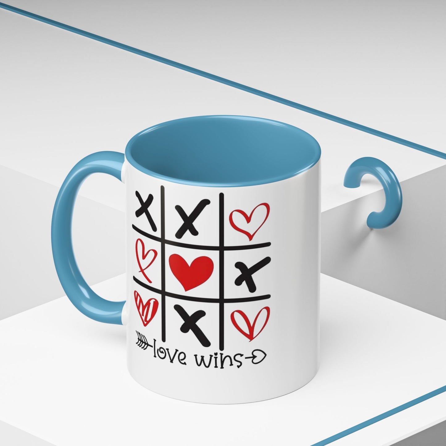 Love Wins Tic-Tac-Toe Heart Accent Coffee Mug — Romantic Valentine 11/15oz
