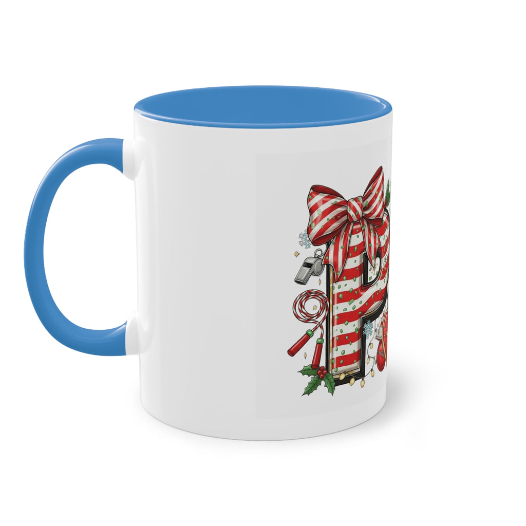 Holiday Sports Mom Coffee Mug Festive 'PE' Candy-Stripe Design, 11oz Two-Tone School Staff Christmas Mug Collection,