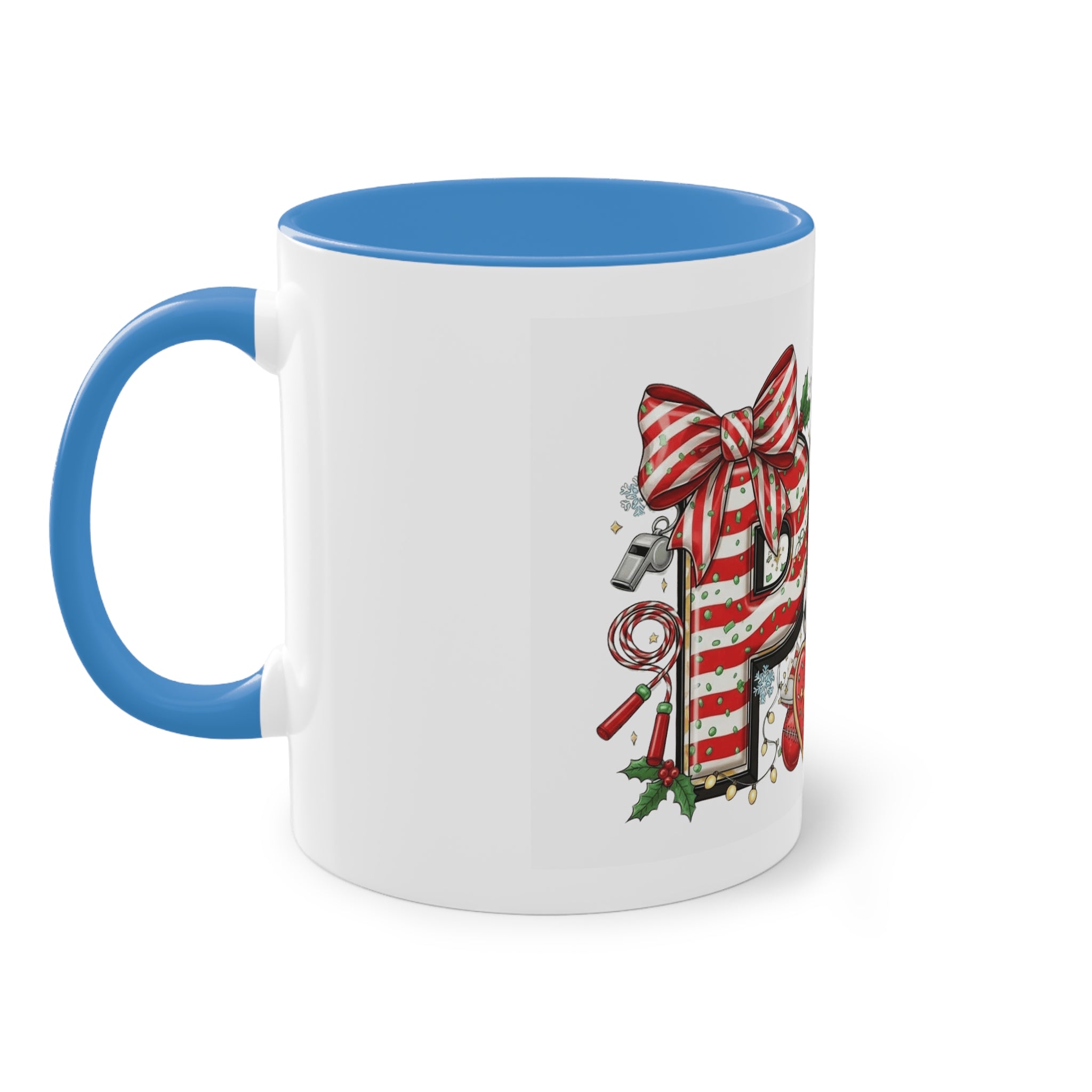 Holiday Sports Mom Coffee Mug Festive 'PE' Candy-Stripe Design, 11oz Two-Tone School Staff Christmas Mug Collection,