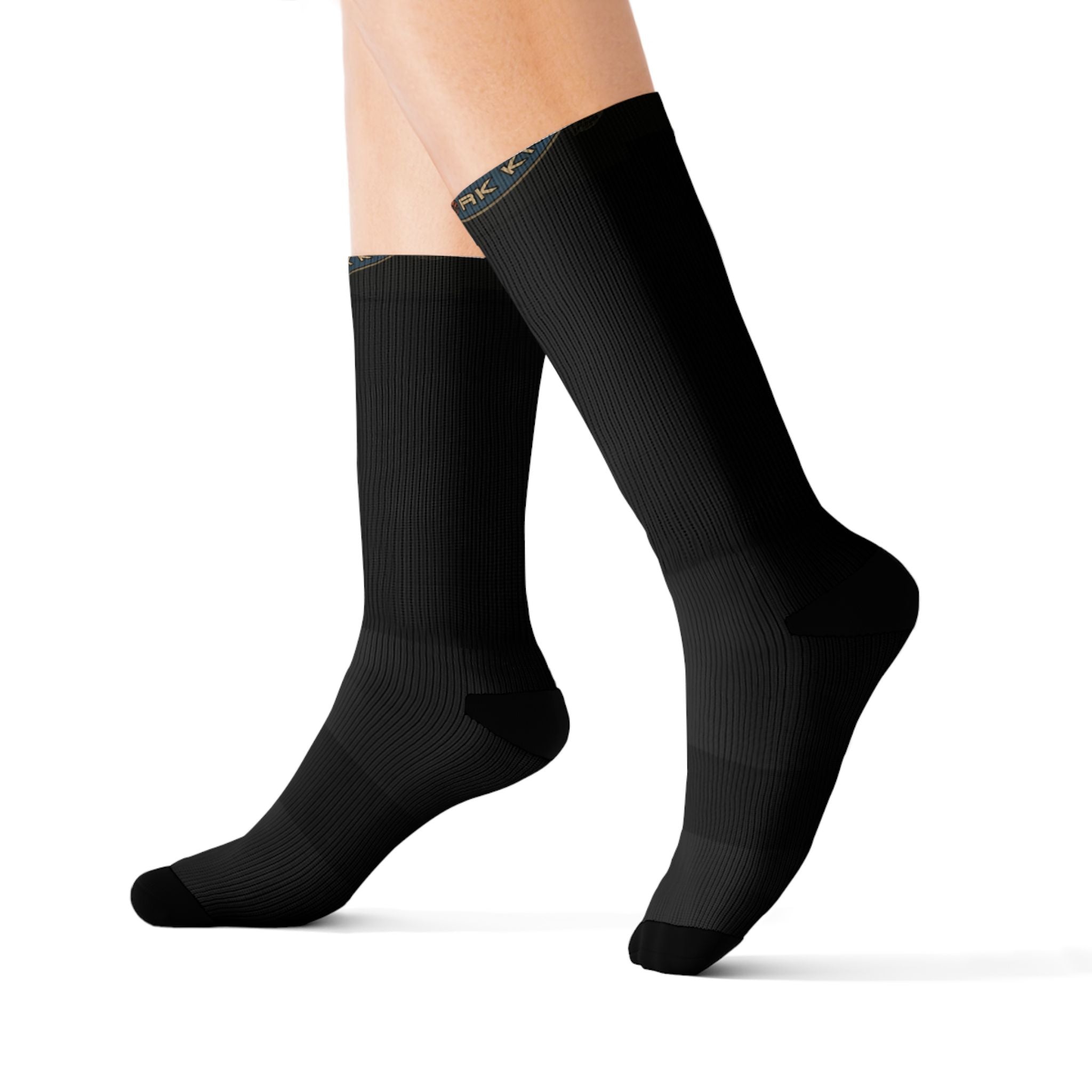 NY*K Basketball Black Sublimation Crew Socks with Vintage Motorcycle Badge Design