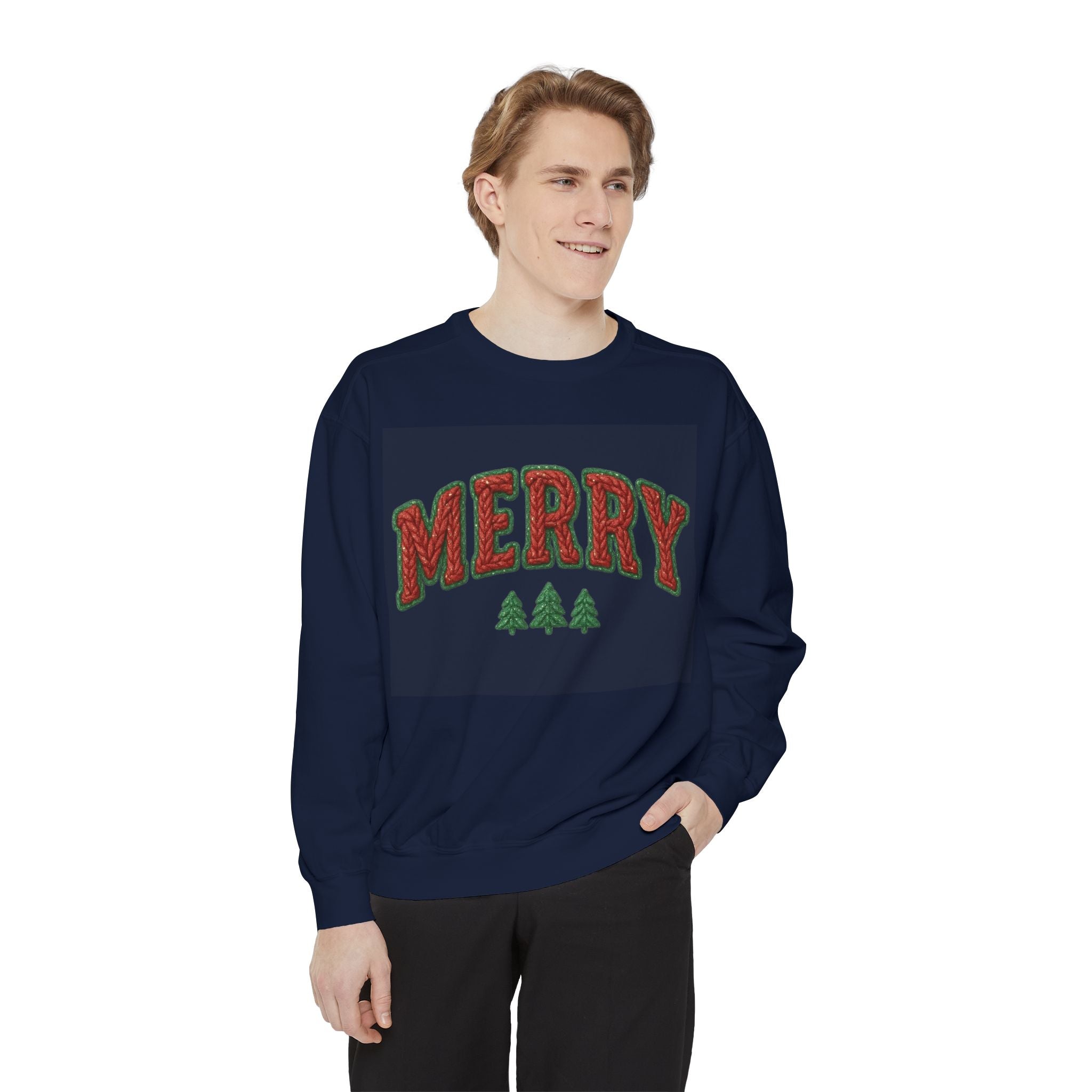 Merry Holiday Sweatshirt — Cozy Christmas Pullover with Tree Graphics Festive Holiday Designs