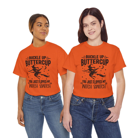 Witchy Humor Tee - Buckle Up Buttercup, Unisex Heavy Cotton Tee, Halloween Shirt, Casual Wear, Gift for Her, Funny T-Shirt