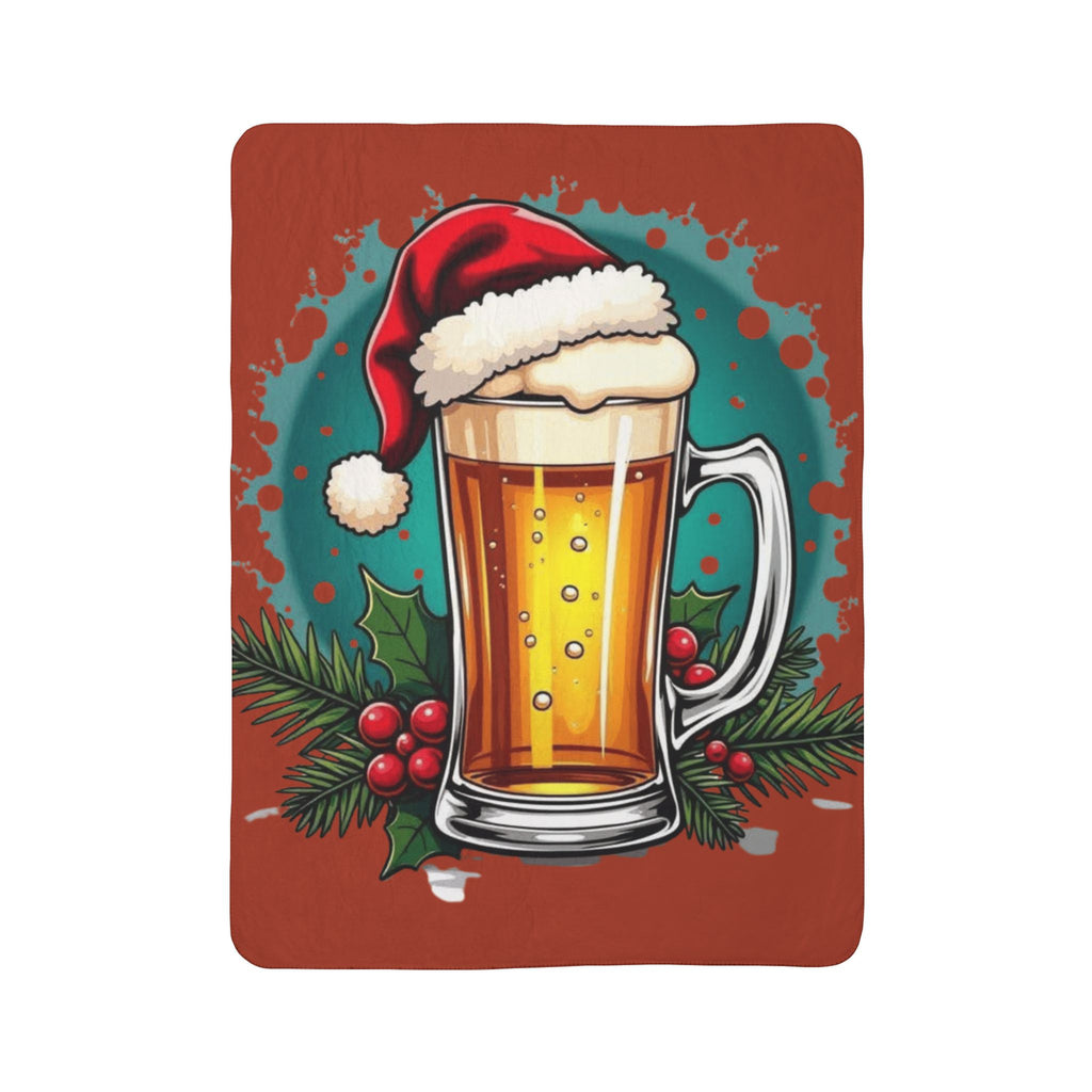Christmas Beer Sherpa Blanket — Festive Mug with Santa Hat Holiday Throw