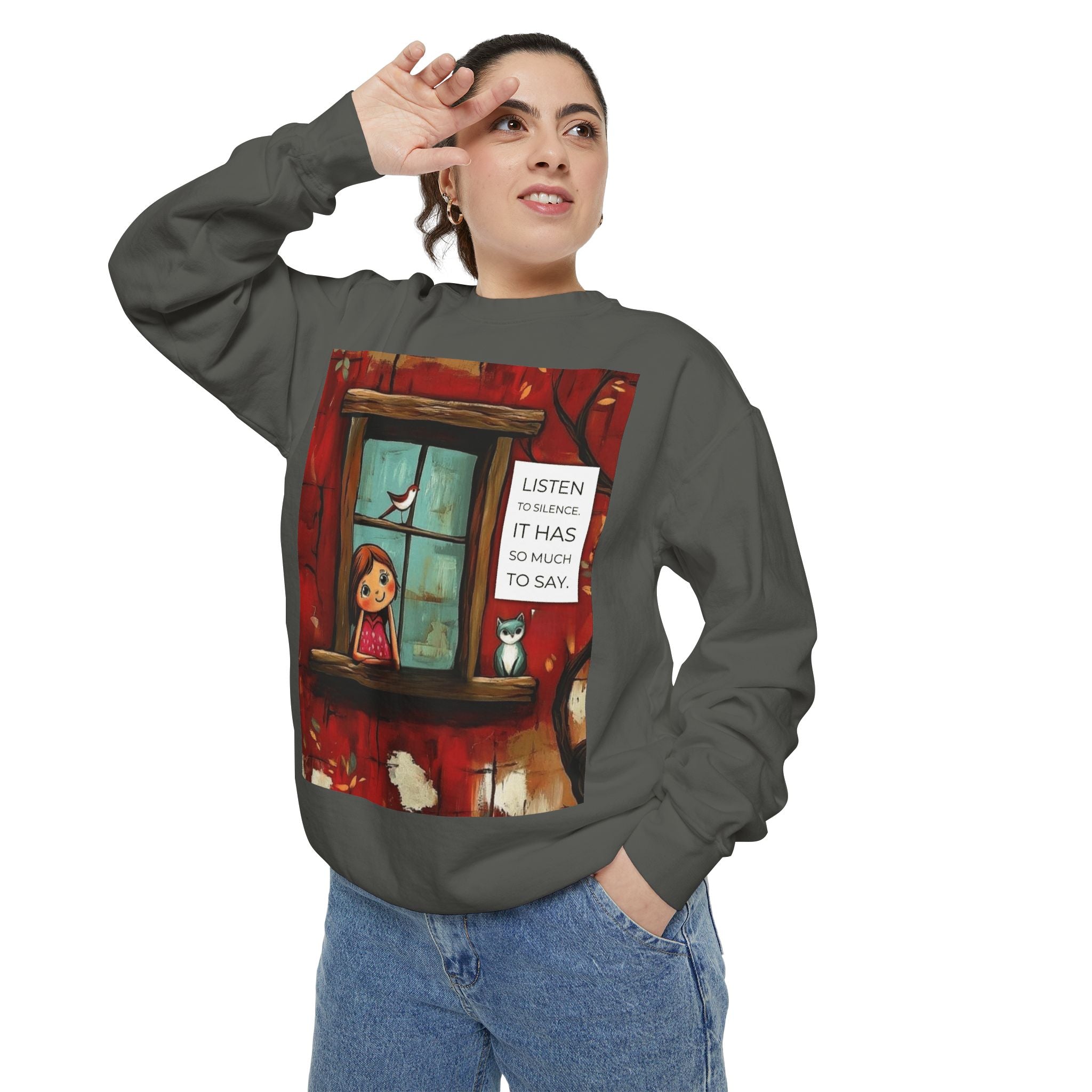 Cozy Window Scene Sweatshirt  "Listen, It Has So Much to Say" Graphic