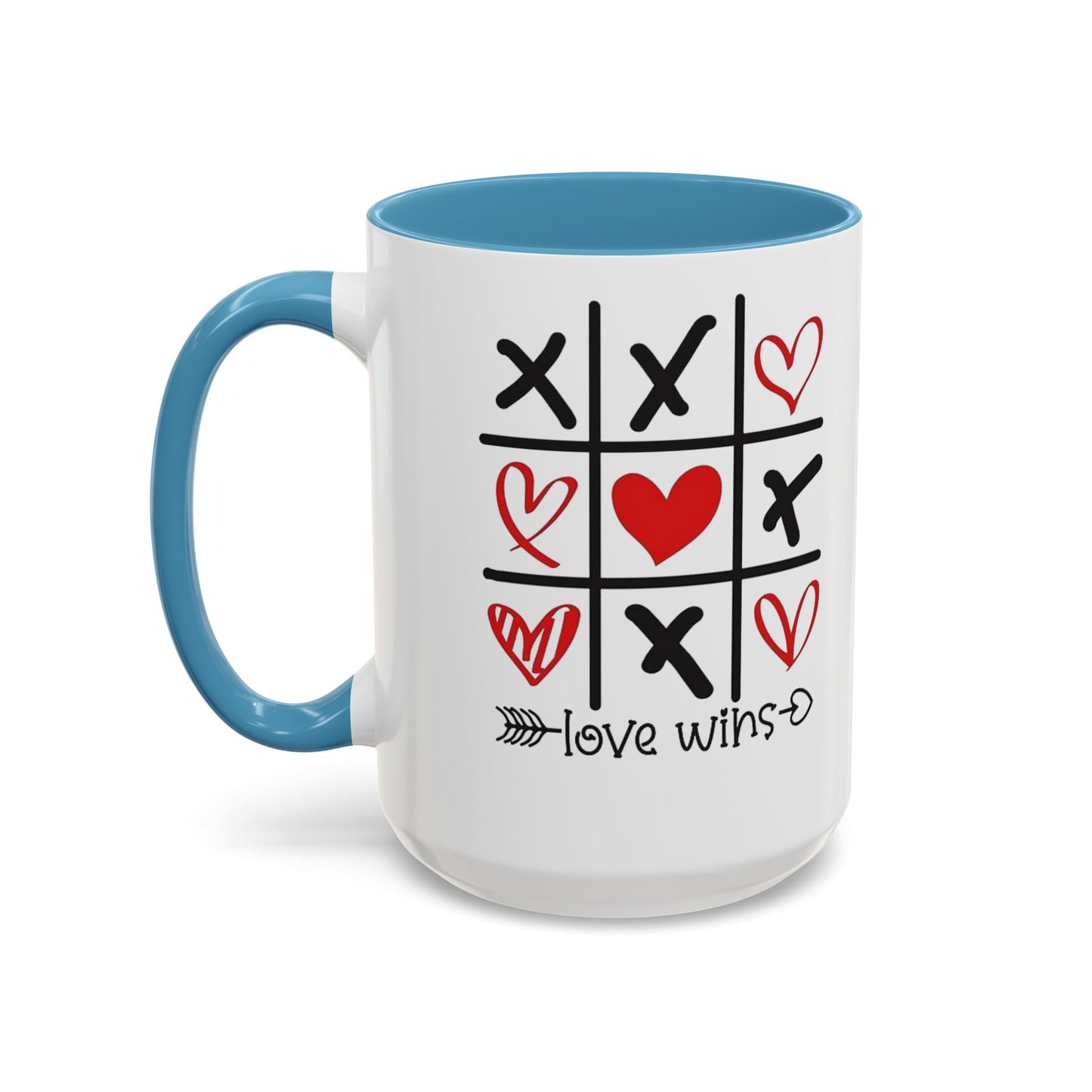 Love Wins Tic-Tac-Toe Heart Accent Coffee Mug — Romantic Valentine 11/15oz
