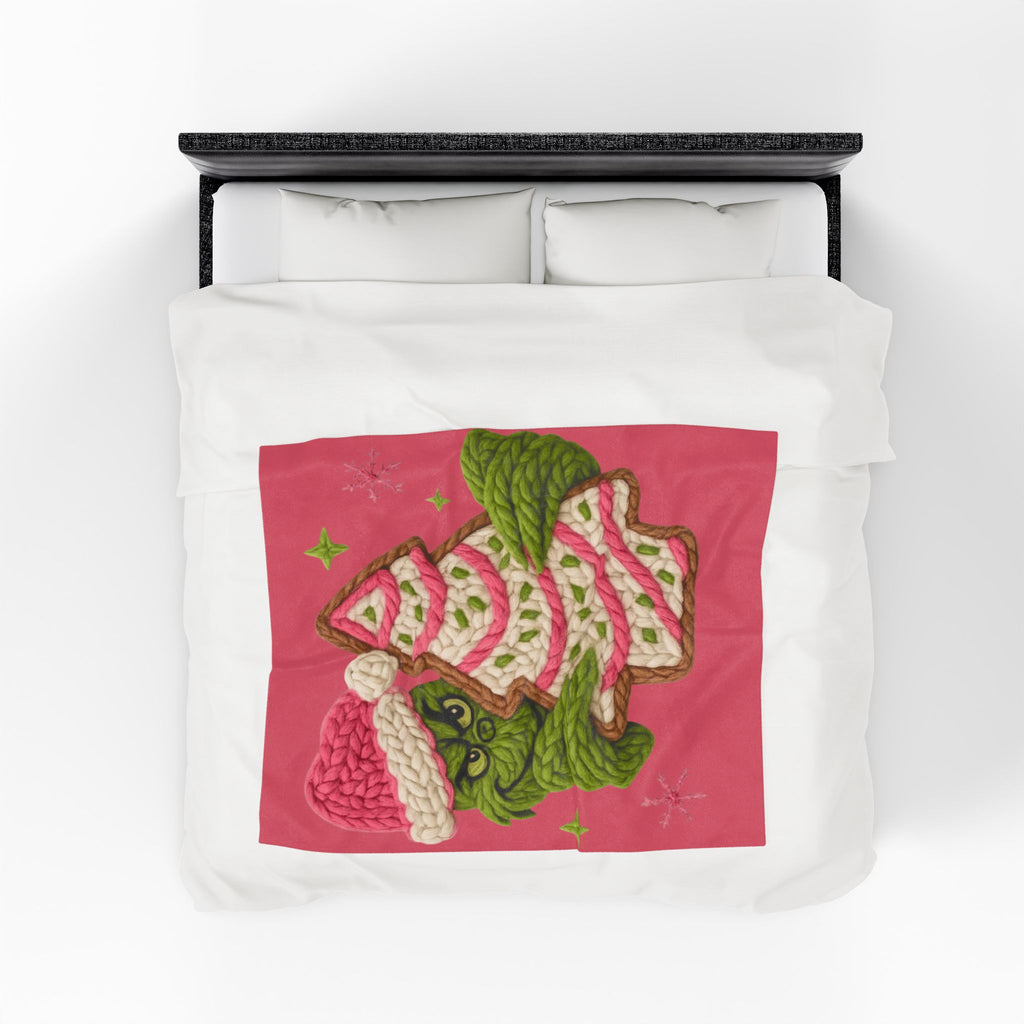 Grinch Holiday Plush Blanket – Cozy Velveteen Christmas Throw with Knitted Tree Design