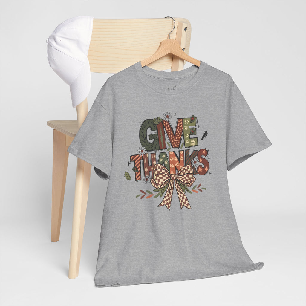 Give Thanks Tee Thanksgiving Graphic T-Shirt with Rustic Bow Design