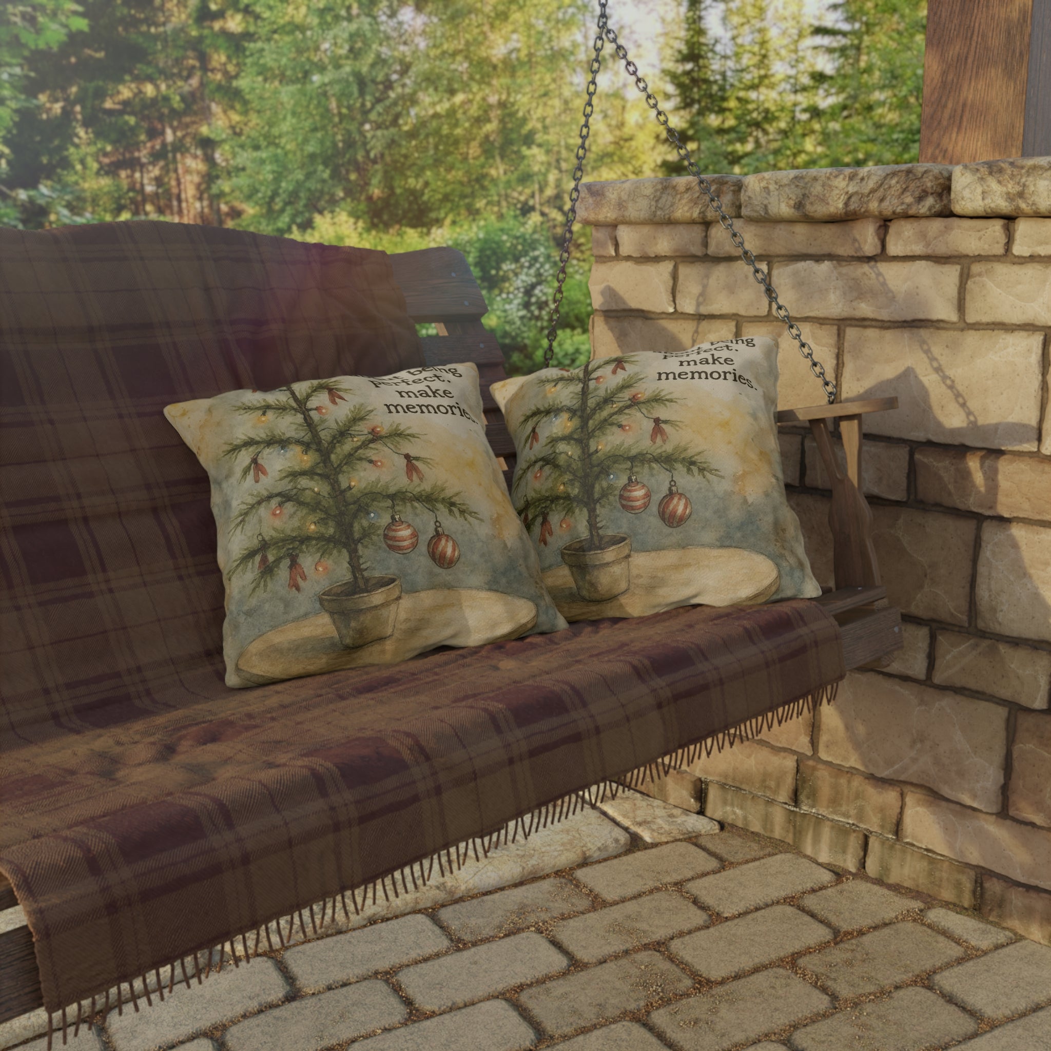 Christmas Tree Outdoor Pillow – "Don't Worry About Being Perfect, Make Memories" Holiday Décor