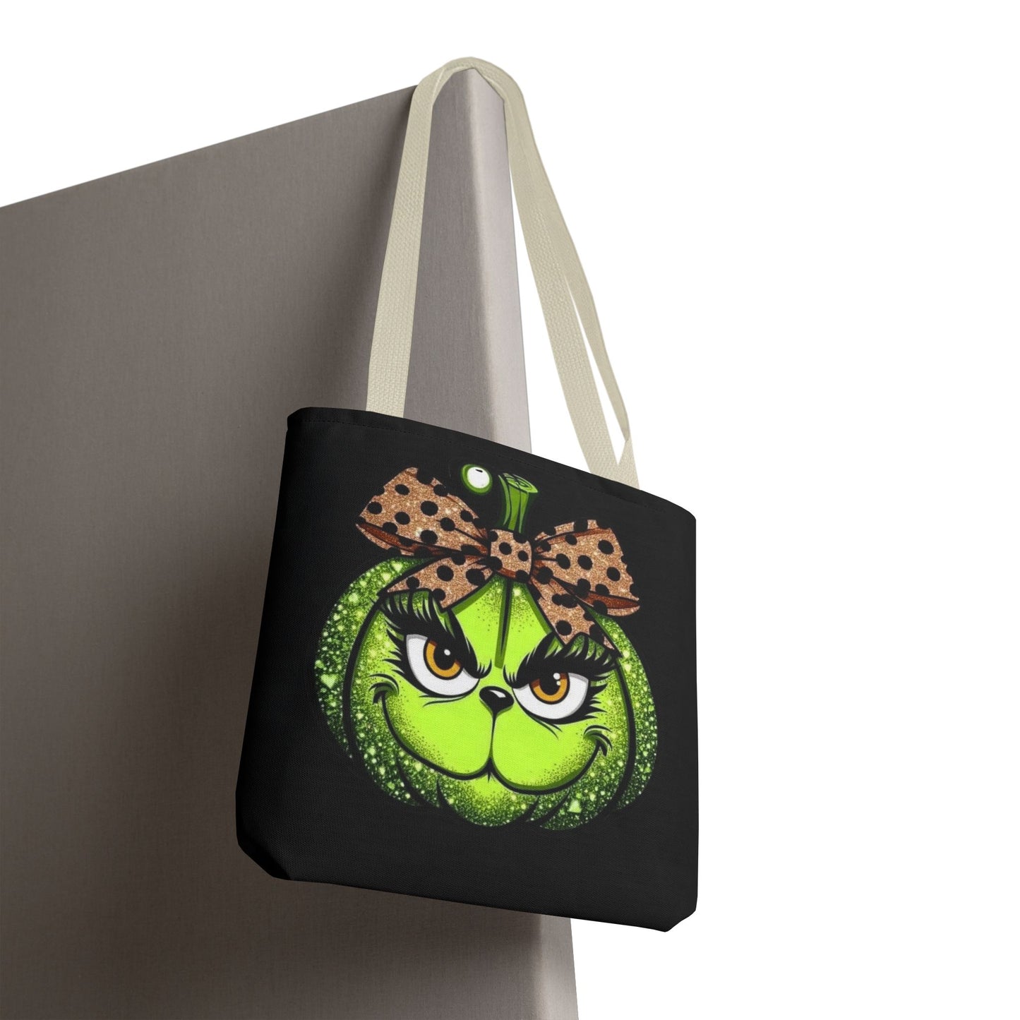 Grinch-Inspired Tote Bag with Polka Dot Bow Christmas Tote Bag Festive Holiday Design