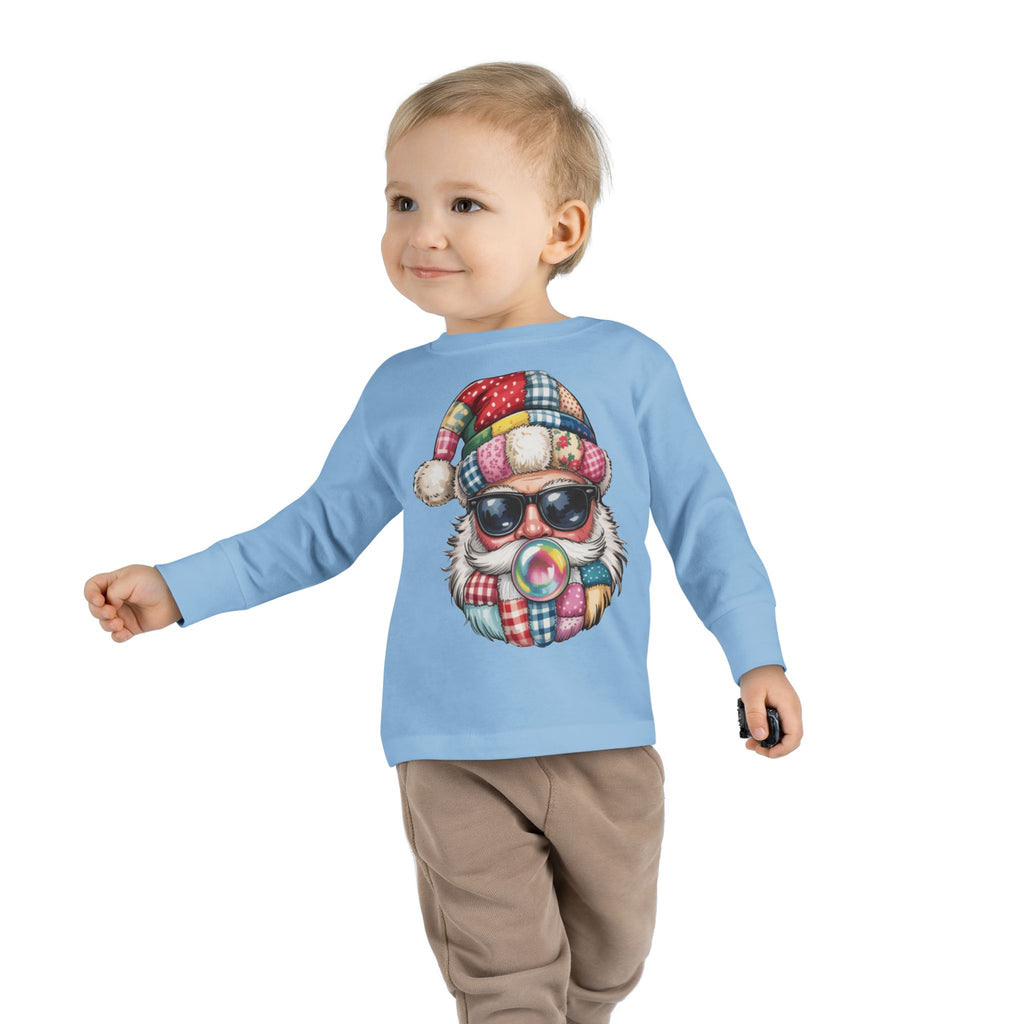 Toddler Long Sleeve Tee  Cool Santa with Patchwork Hat & Bubblegum Graphic
